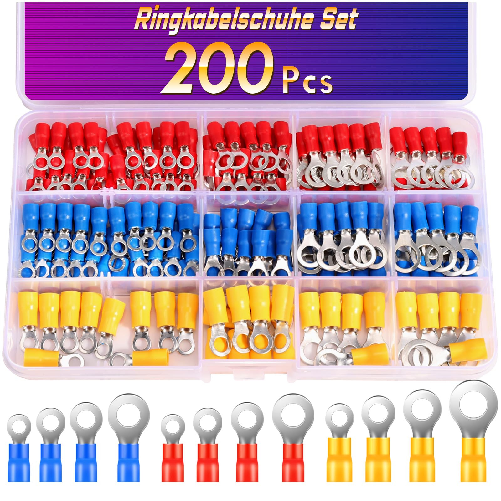 200 PCS Ring Terminals, ANVINKU 0.5-6.0mm² Ring Crimps Terminals Connectors, Insulated Ring Terminals, Crimp Connectors for Automotive Repairs