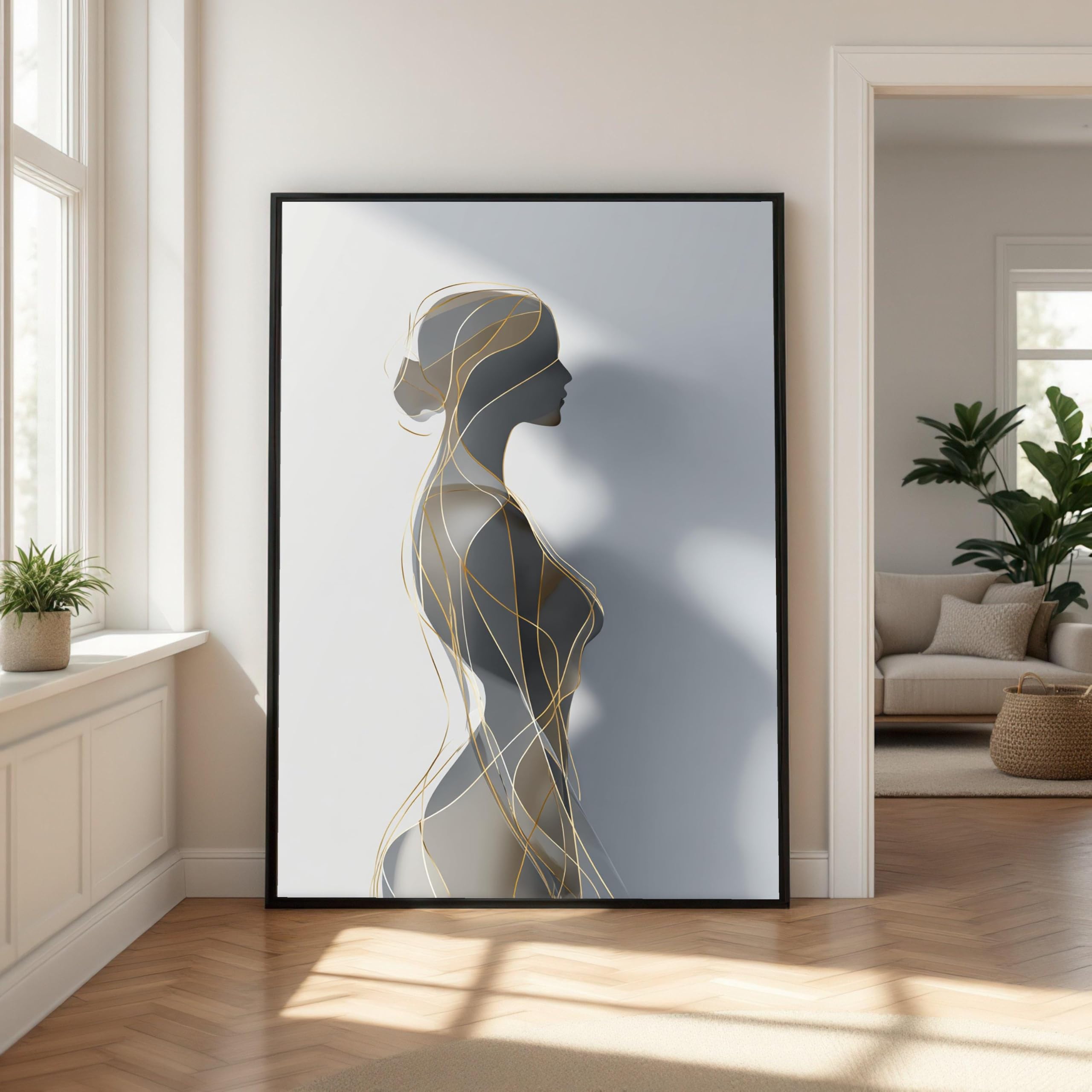 Lmycheng Girls Frameless Elegant Silhouette Canvas Print, Abstract Wall Art, Gold Line Art Design, Minimalist Painting Home Decor(50X75cm/Frameless)