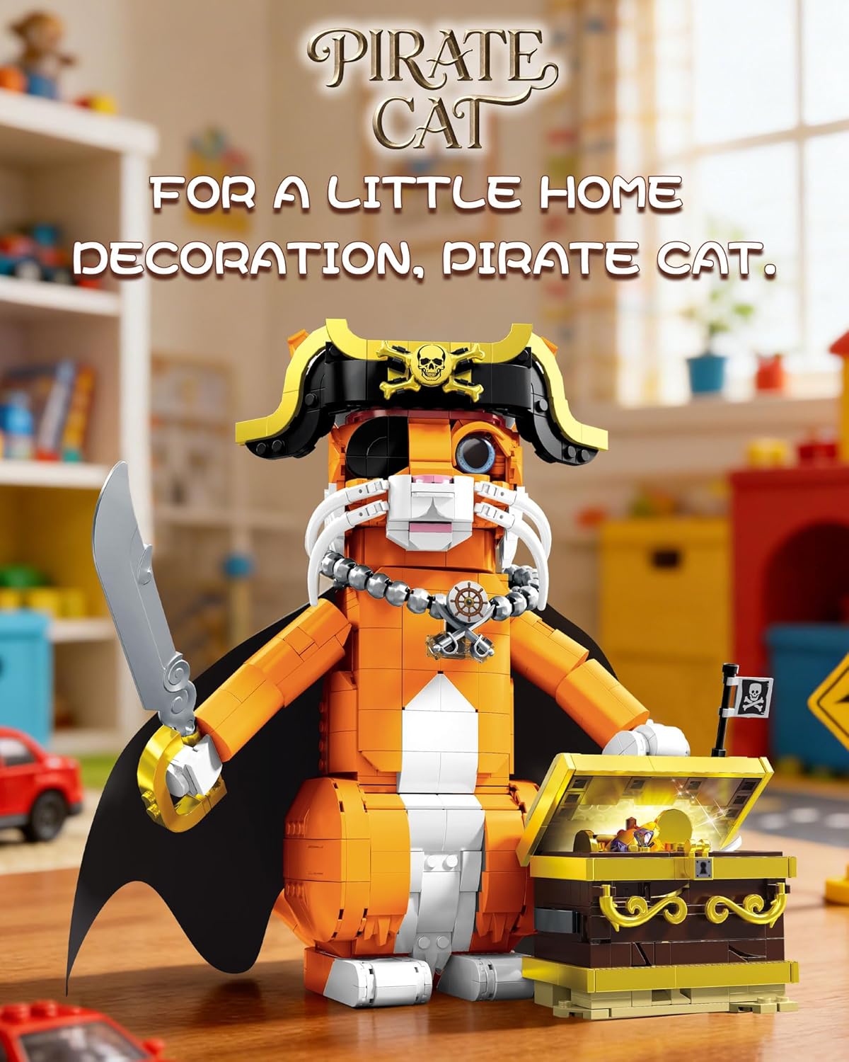 Pirate Captain Cat Building Set for Adults, Compatible with Lego Set, 1424PCS Orange Cat with Treasure Chest & Pirate Hat, Adventure Collection Gifts for Animal Lovers