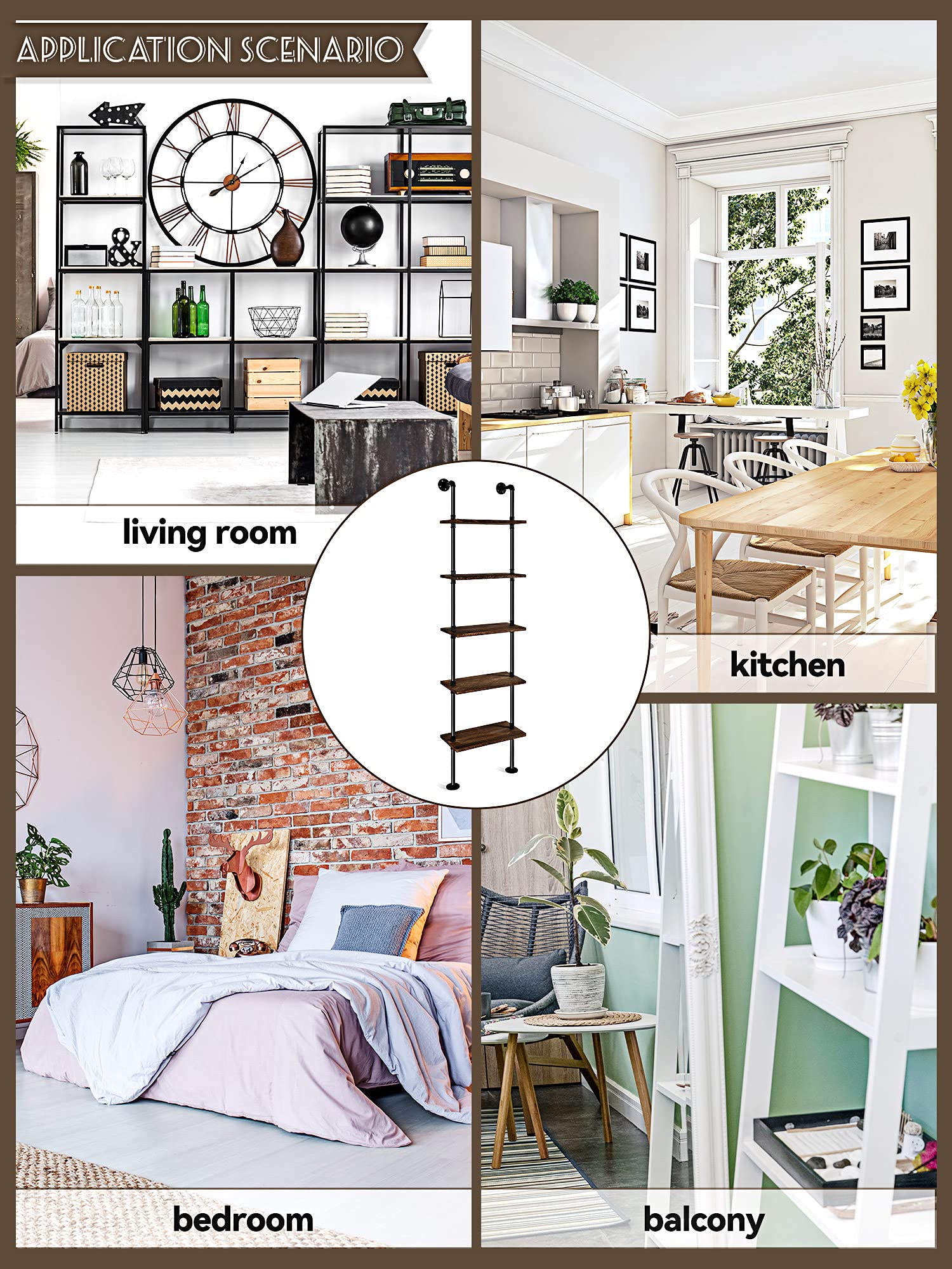 Buy 5 Tier Modern Bookcase Wall Mount Ladder Bookshelf Industrial Pipe