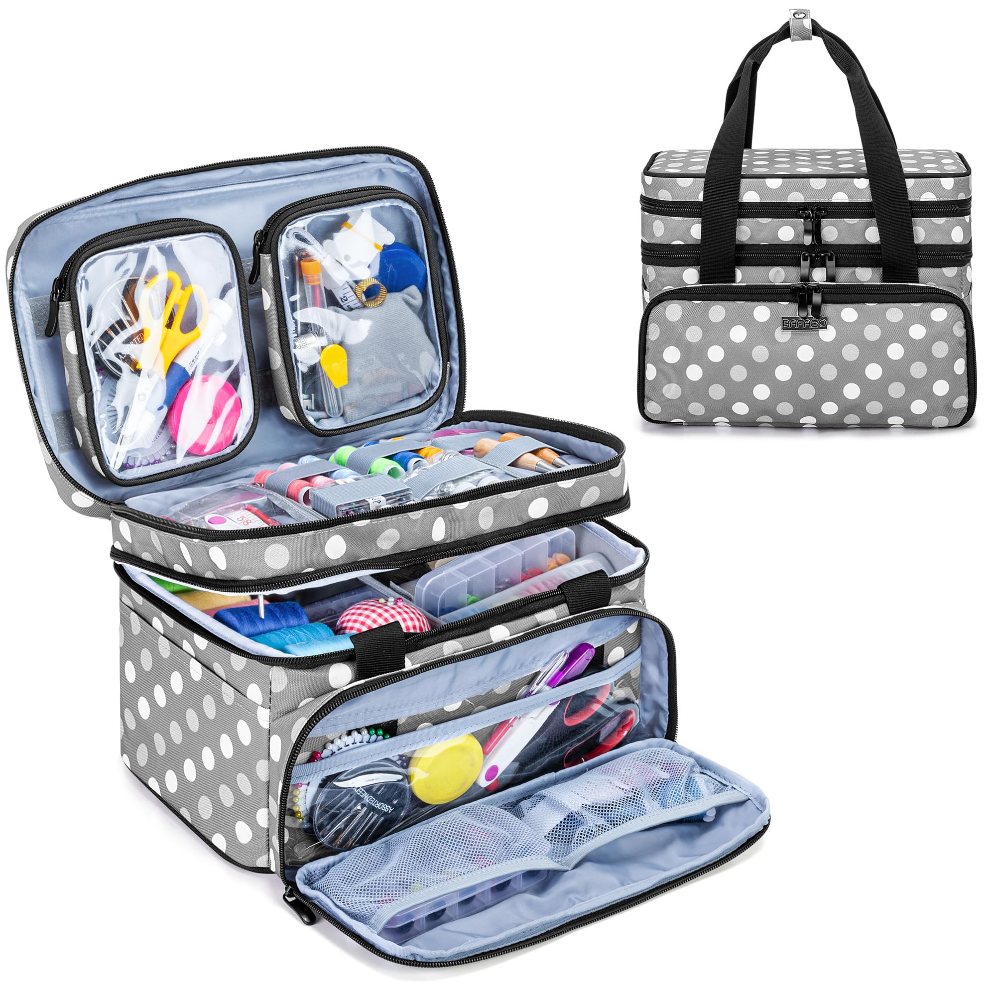 BAFASO Double Layer Sewing Accessories Organizer with 2 Detachable Pouches, Large Sewing Storage Bag for Sewing Tools (Bag ONLY), Polka Dots