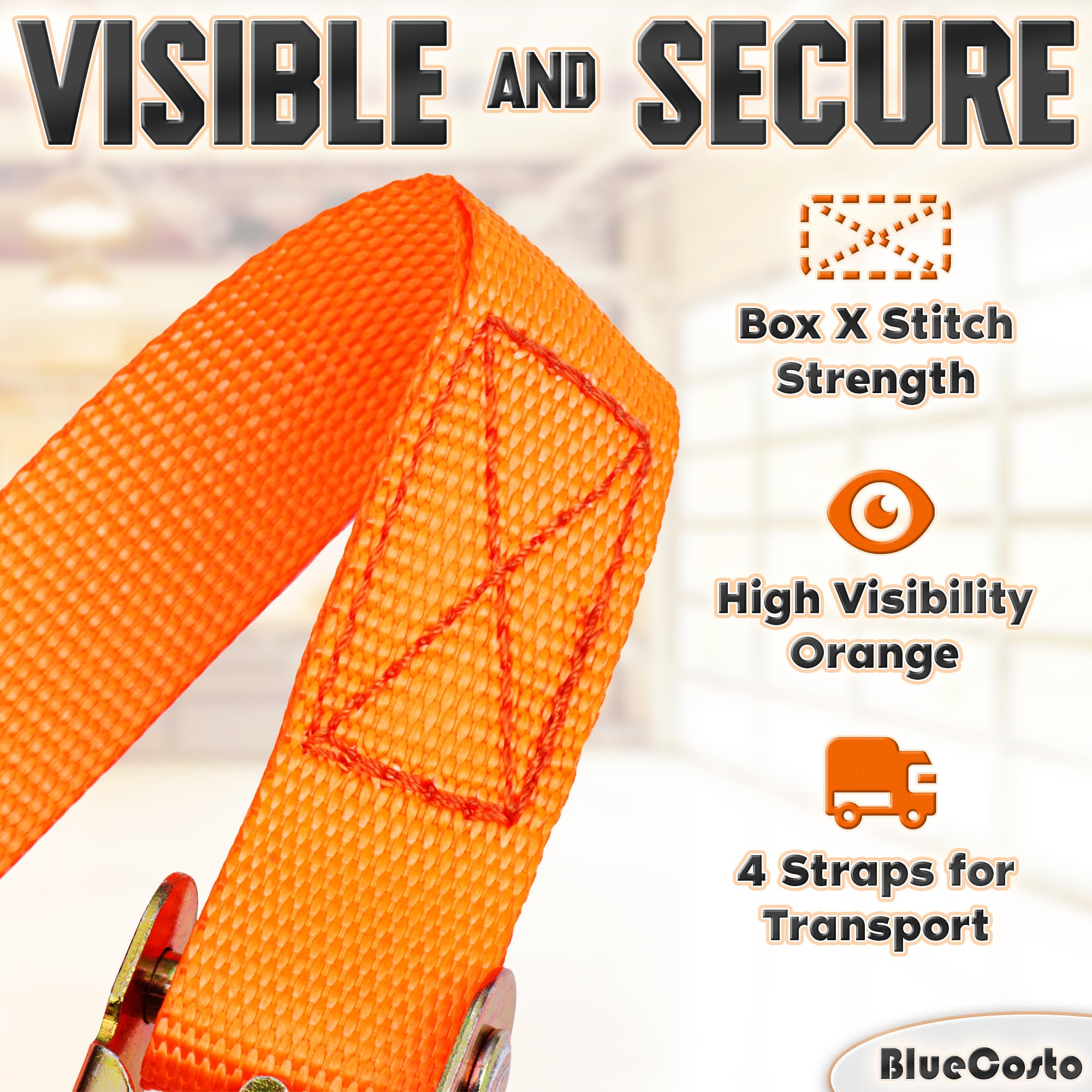 Premium Ratchet Straps - 4 Pack, Orange - 4 Meters Racheting Lashing Straps - Heavy-Duty 400 lb Load Capacity, 1200 lb Break Strength