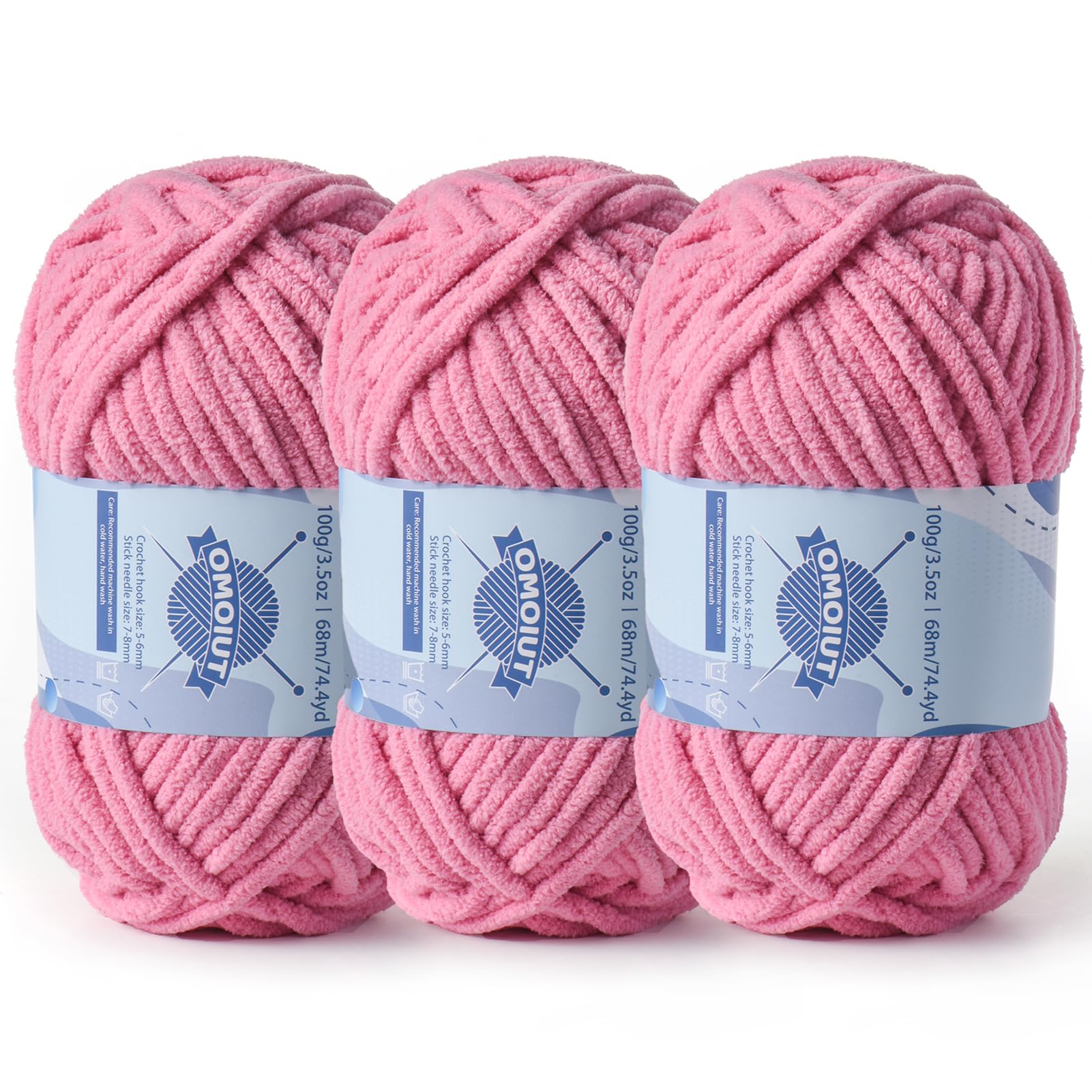 3 Pack Chunky Chenille Yarn for Crocheting, Baby Yarn for Crocheting Soft Blankets, Bulky Yarns for Crochet Amigurumi, 300g (223yds) Fluffy Velvet Yarns for Hand Knitting (3 Deep Pink)