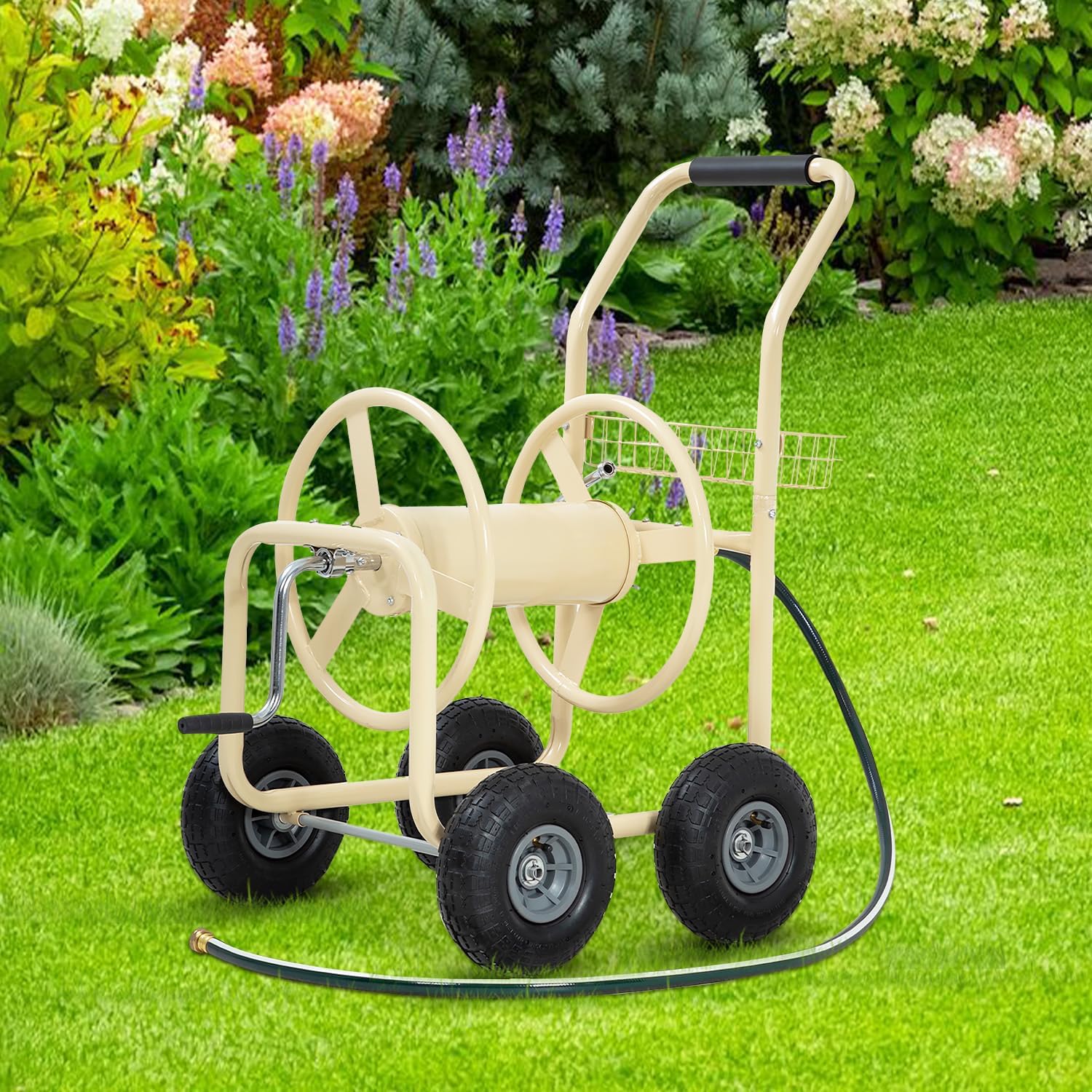 Hose Reel Cart, Hose Cart with Wheels, Water Hose Reel Cart Hose Reels for Outside,Holds 300 FT (5/8") Capacity, Outdoor Watering Cart with Storage Basket for Lawn, Patio, and Farm (Tan)