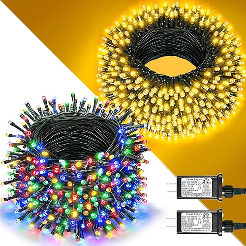 Paquete de 2 luces de Navidad para exteriores, total de 200 pies, 600 luces LED de Navidad impermeables, alambre verde, luces de árbol parpadeantes