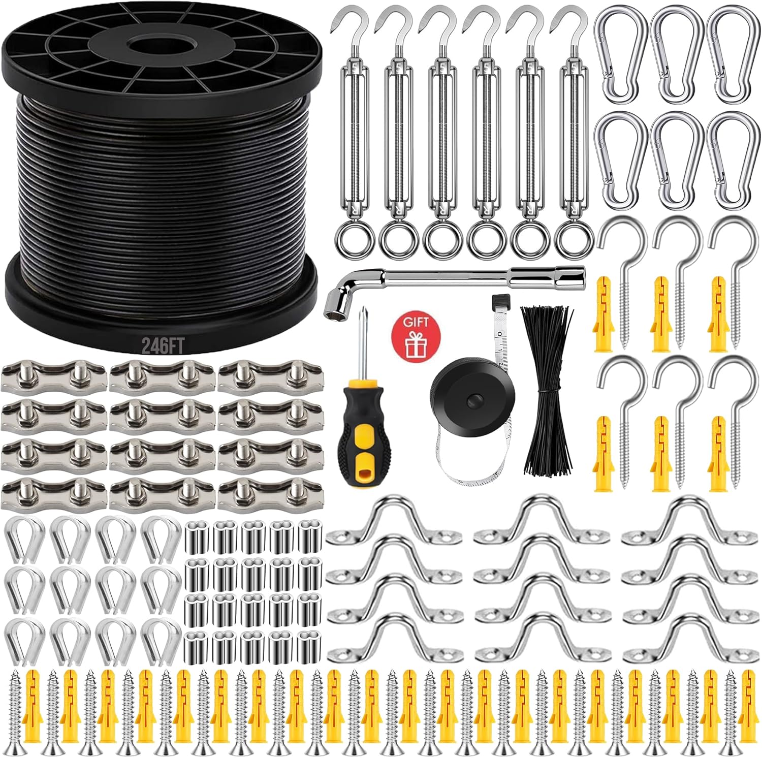 246FT Black Vinyl Coated 304 Stainless Steel Wire Rope Cable Kit – Heavy Duty Outdoor String Light Hanging Guide Wire with M5 Turnbuckle for Patio, Garden, Christmas Lights