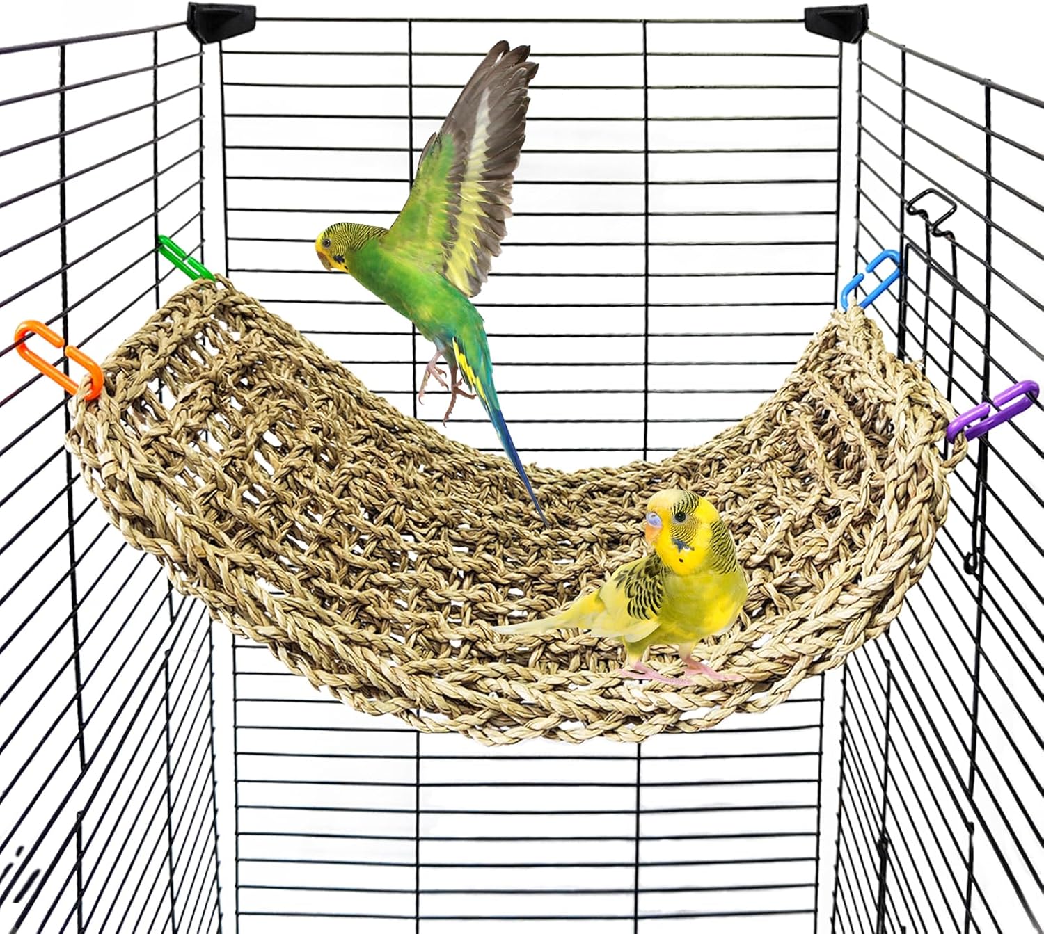 2Pcs Bird Seagrass Mat 30 × 7" Natural Grass Woven Net Hammock with Hooks Climbing Rope Ladder Chew Toys Hanging on Parrot Cage for Lovebird Pigeon Cockatiel Conure Budgie Cockatoo