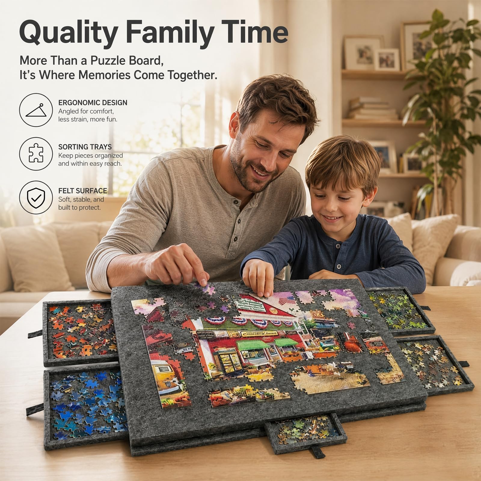 Planche de puzzle 2 en 1 de 1000 pièces avec 6 tiroirs, table de puzzle inclinable et pliable en feutre avec couvercle et support, dossier de puzzle portable pour rangement, plateau de puzzle