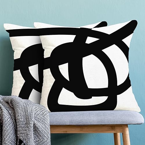 Miniatura 5 de Juego de 2 fundas de almohada de 18 x 18 pulgadas en blanco y negro de 18 x 18 pulgadas, fundas de almohada de línea de arte abstracto moderno,