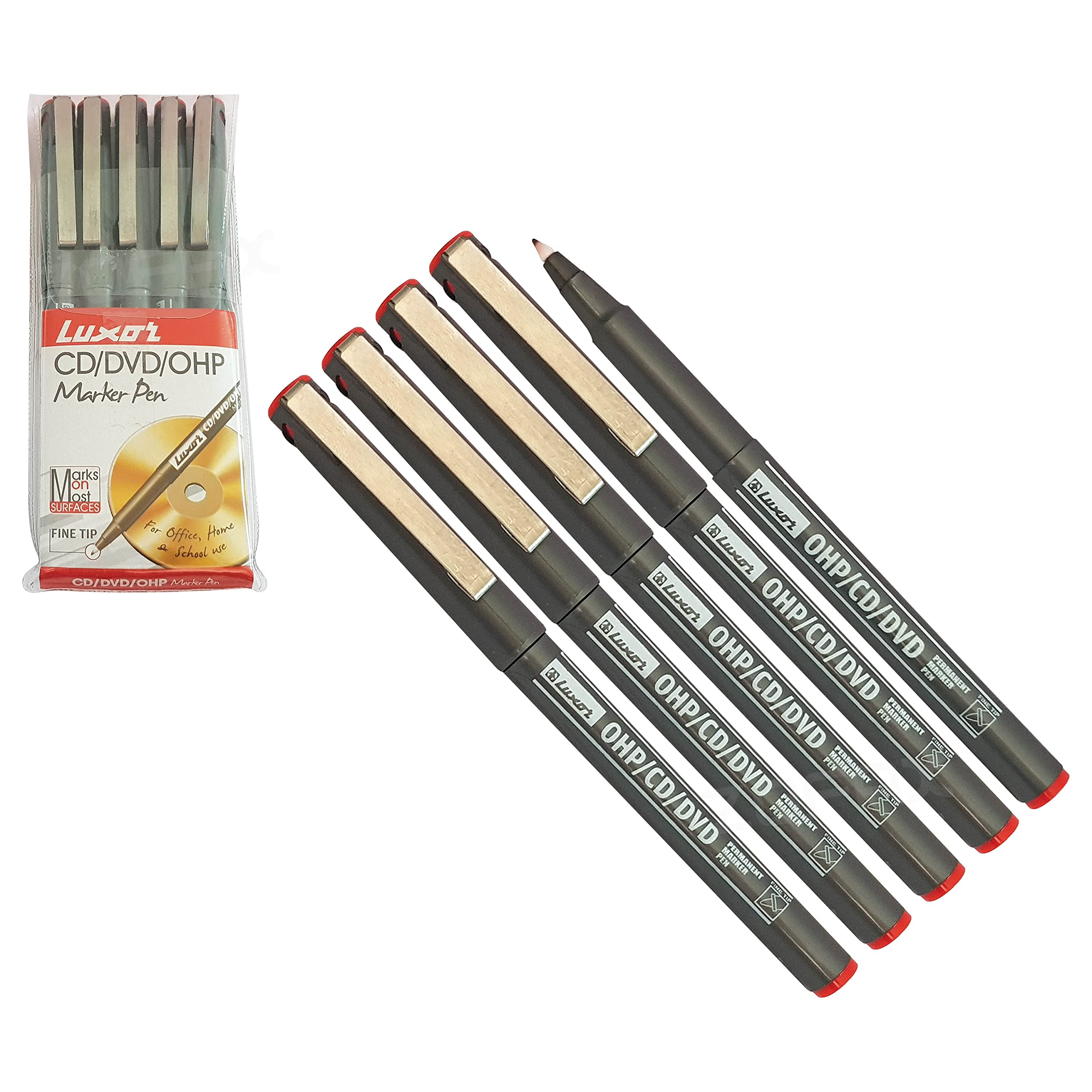 LUXOR Permanent Marker Pens, Fine Point, RED, Pack of 5, CD/DVD/OHP Marker Pens, Mark Write Draw, Marks on Most Surfaces, iZOFAX Black Ball Pen
