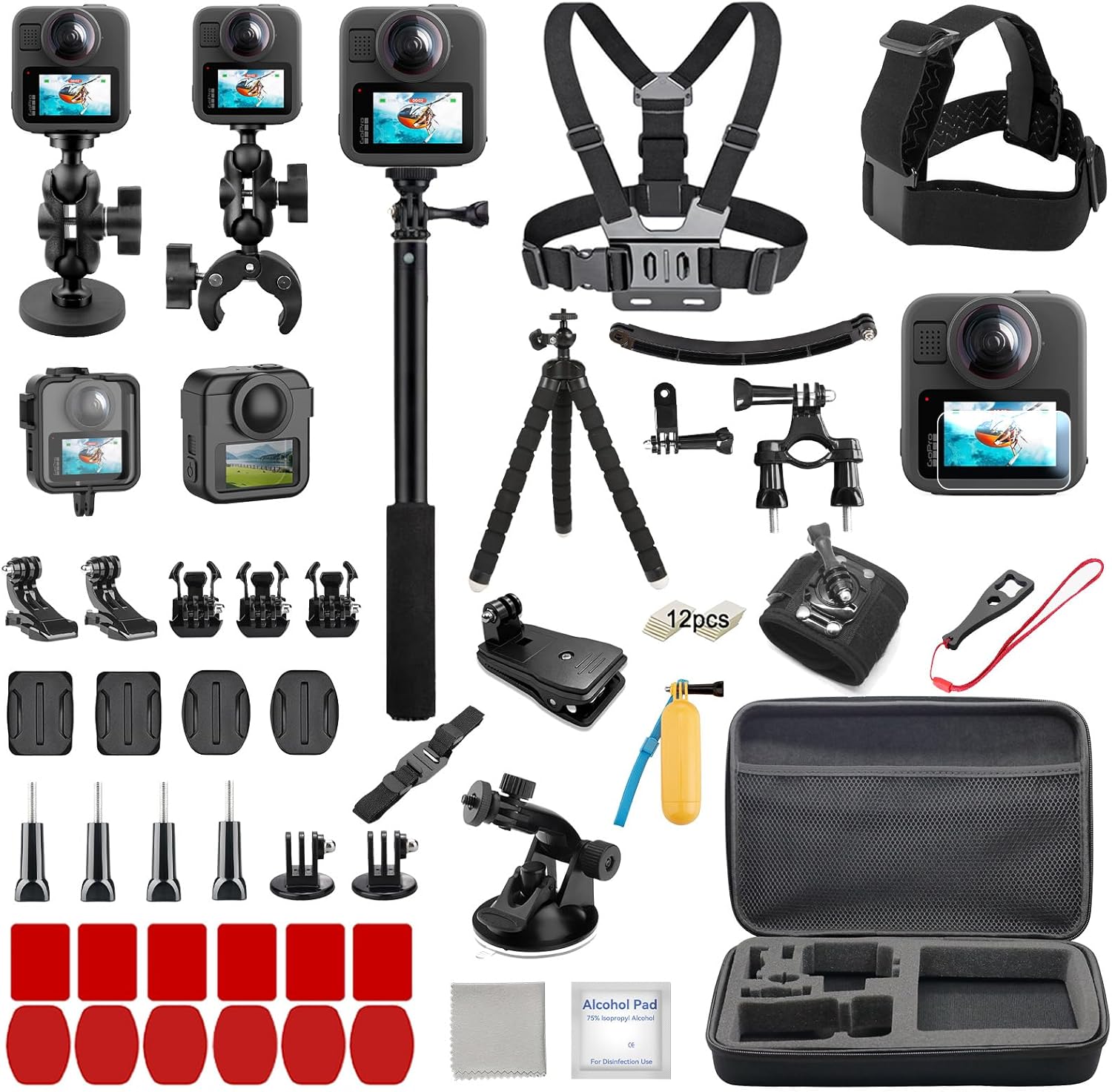 60-in-1 Accessories Kit Compatible with GoPro Max 2 with 70m Waterproof Housing Case, Tempered Glass Screen Protector, Floaty Bobber Grip, Large Carrying Case, Mounts Chest/Head/Handlebar (Max 2)