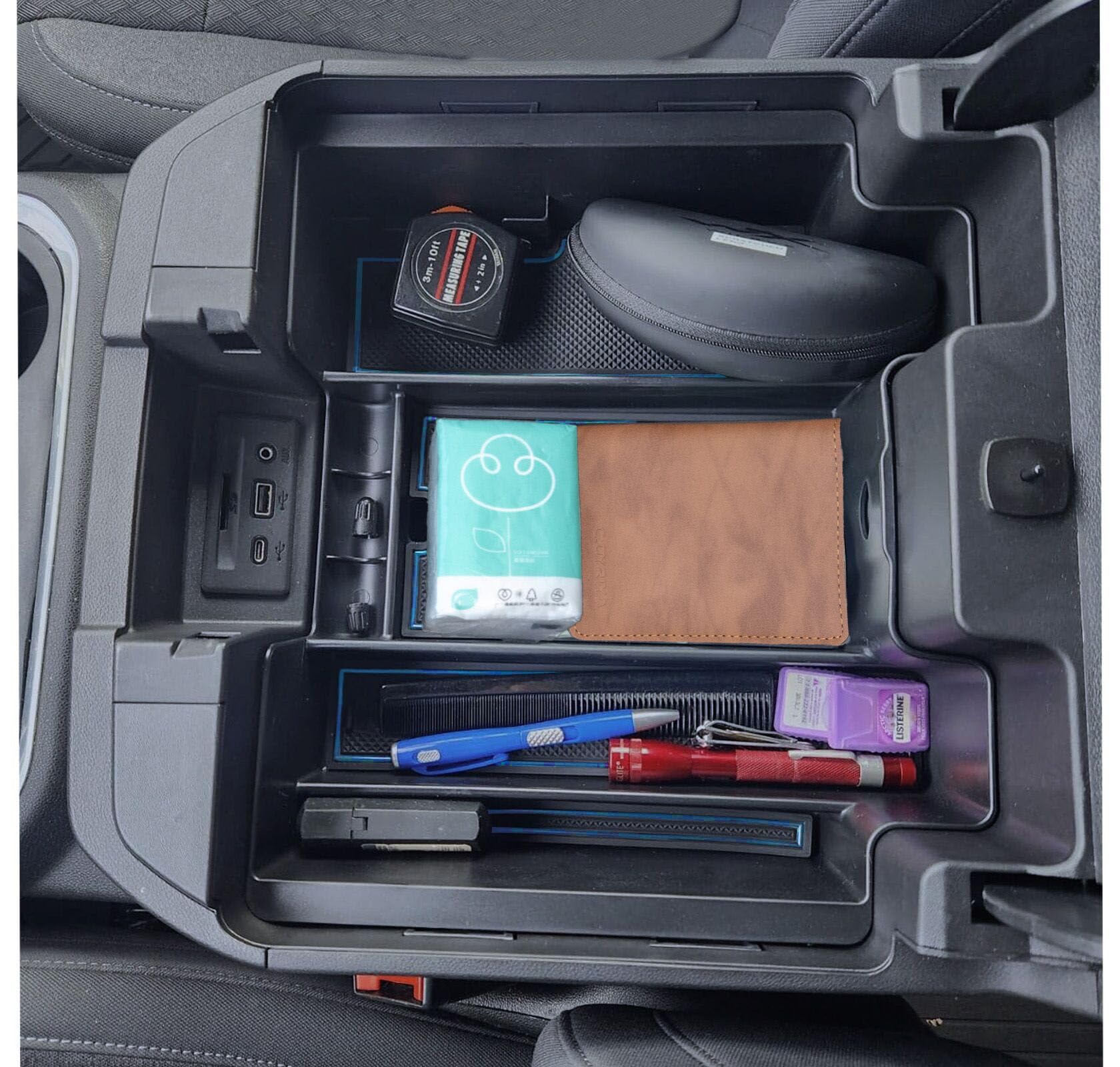 TOPINSTALL Blue Center Console Organizer Compatible with Chevy Silverado/Sierra 1500 2019-2022 and 2020-2023 Silverado/Sierra 2500HD 3500HD, Armrest Full-Size Tray (Full Console w/Bucket Seats ONLY)