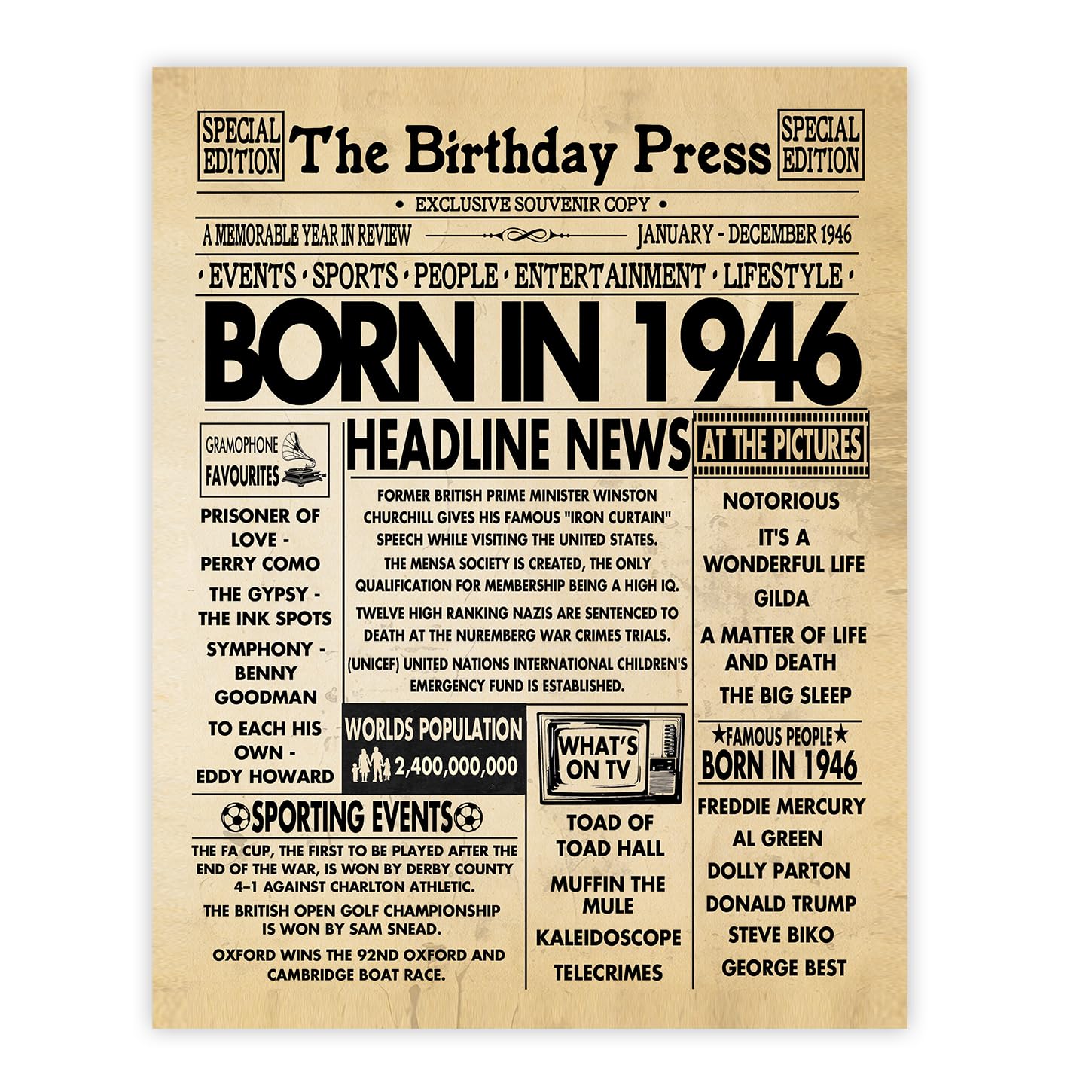 Stuff4 80th Birthday Poster Unframed - Born In 1946 Newspaper - Happy 80th Birthday Gifts for Men Women Vintage Retro Back In 1946, 8x10 Inch Bday Party Decor Decoration
