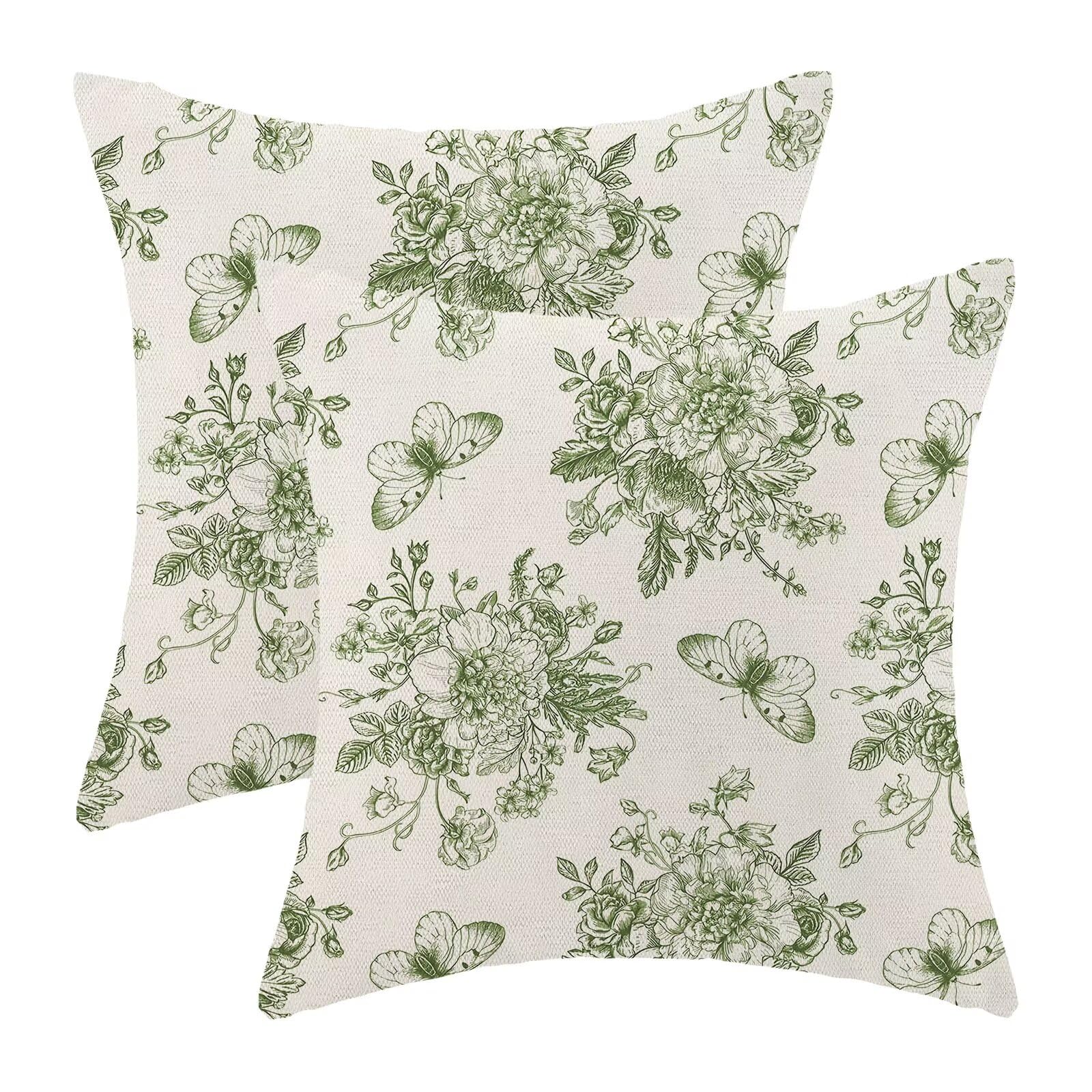 Chinoiserie Green Floral Pillow Covers 18x18 Inch Set of 2, Chinoiserie Print Outdoor Decorative Vintage Green Flower Throw Pillows Butterfly Flower