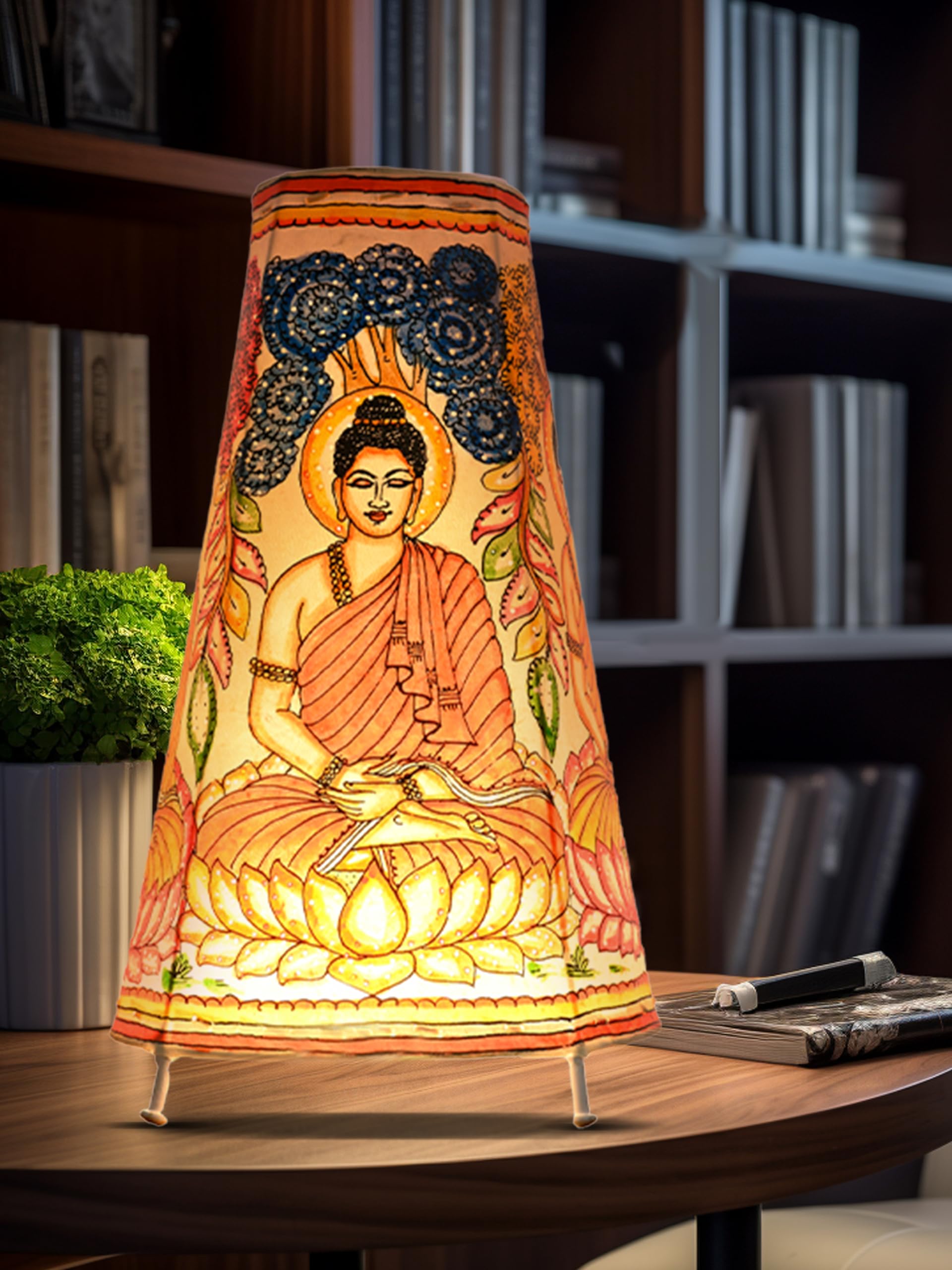 SHILP KATHA Handicraft Leather Table Lamp for Home Decoration | Handmade Side Table Lamp Shade for Bedroom Decor | Decorative Festival Gift for Living Room, Desk, Spiritual Décor | Peace with Buddha