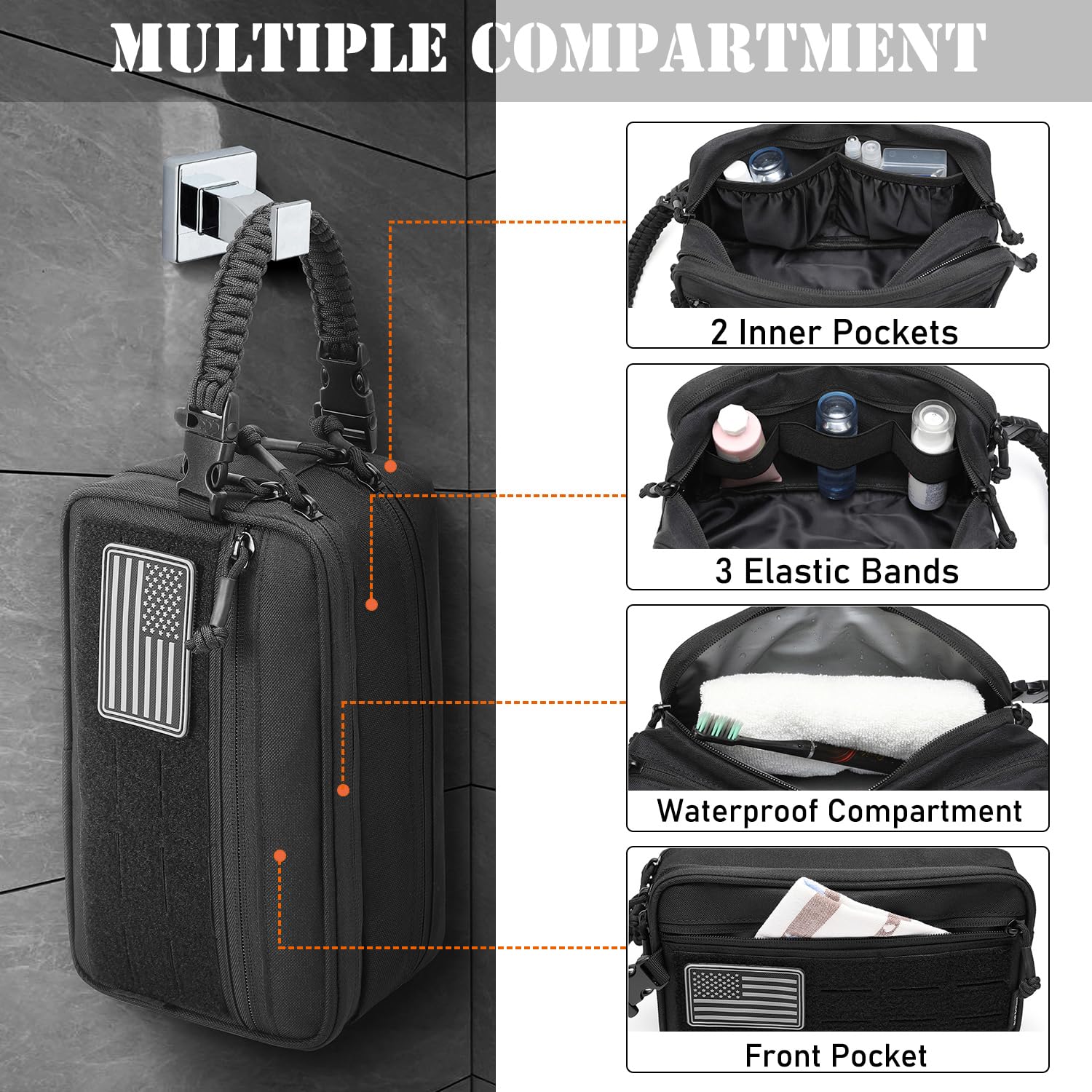 Neceser táctico para hombre, seco, húmedo, separado, bolsa de higiene de viaje, bolsa de herramientas Molle, bolsa de afeitado para hombre, bolsas de ducha de viaje, Negro -, Táctico