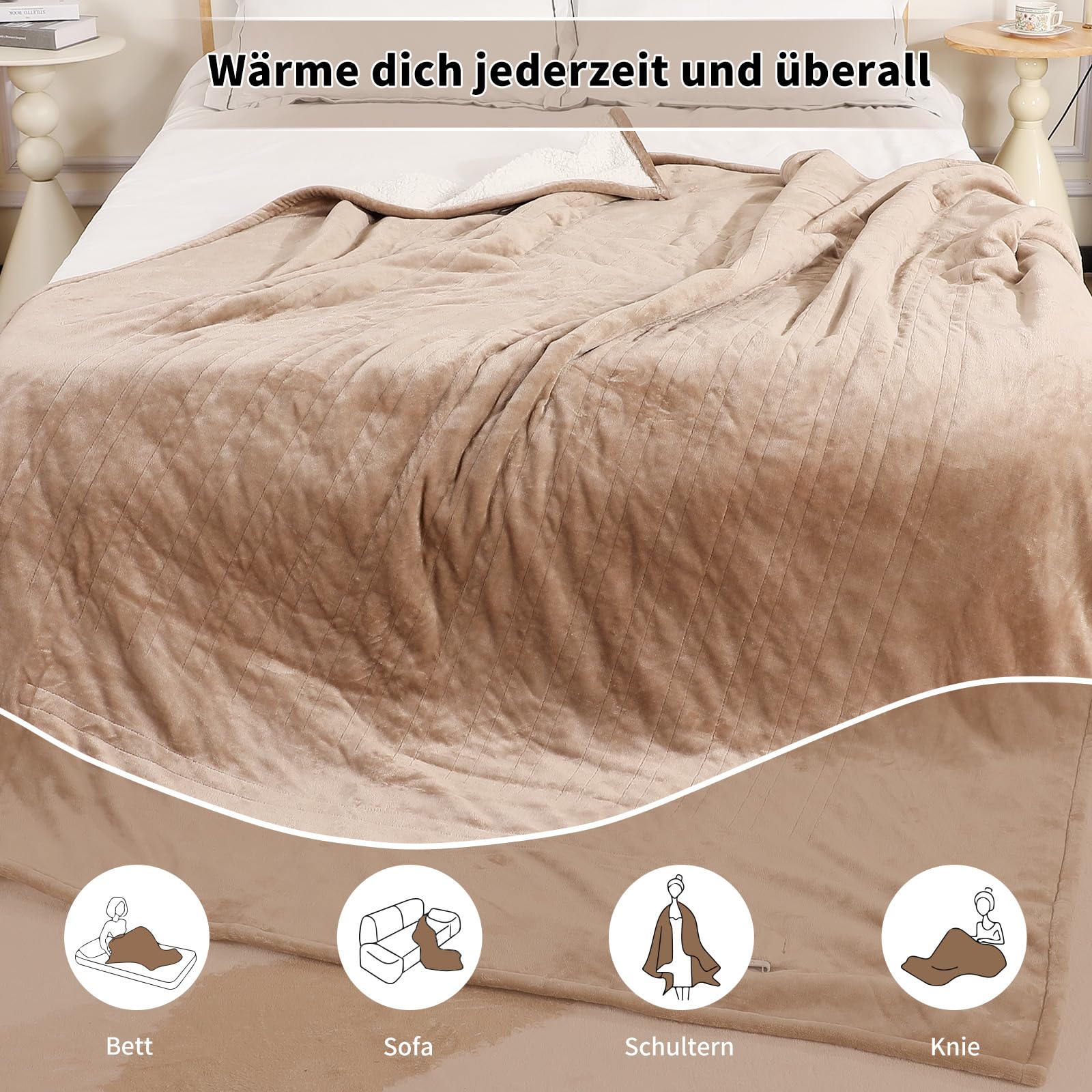 ESTINGO Wärmedecke 180x130cm, Heizdecke mit Abschaltautomatik, 6 Heizstufen, 10-Stunden-Timer, Überhitzungsschutz, Weich Flanell&Sherpa, Maschinenwaschbar, Beheizbare Decke für Sofa, Bett, Büro, Beige