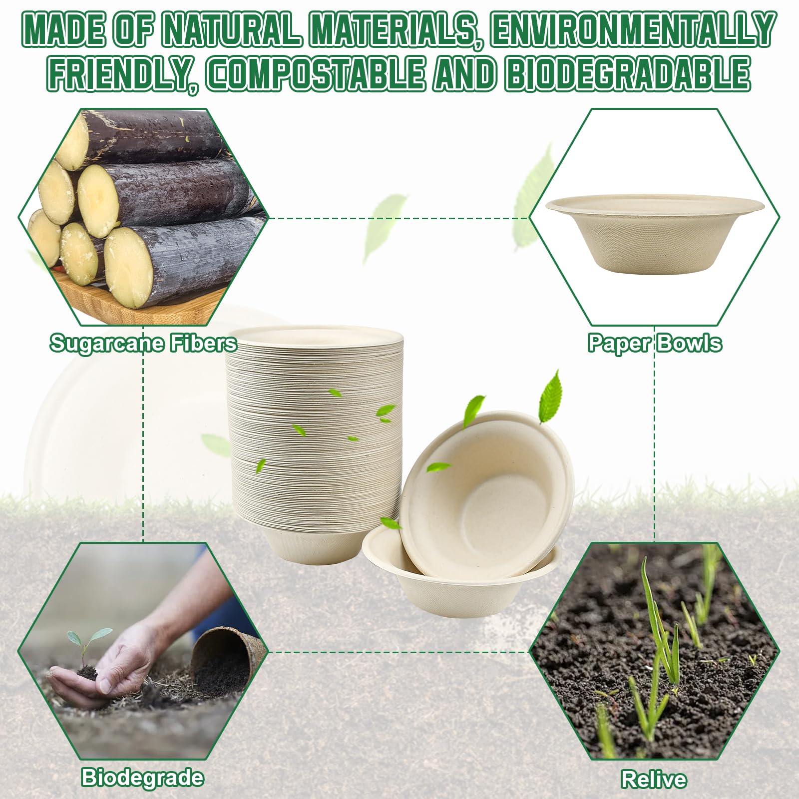 100 ciotole monouso da 340 ml, ciotole monouso in bagassa di canna da zucchero, Ciotole di Carta compostabili, ciotole per zuppa biodegradabili per cibo caldo e freddo