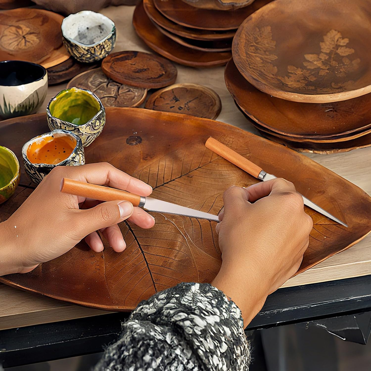 2 Piece Pottery Fettling Knife Set with Wooden Handles