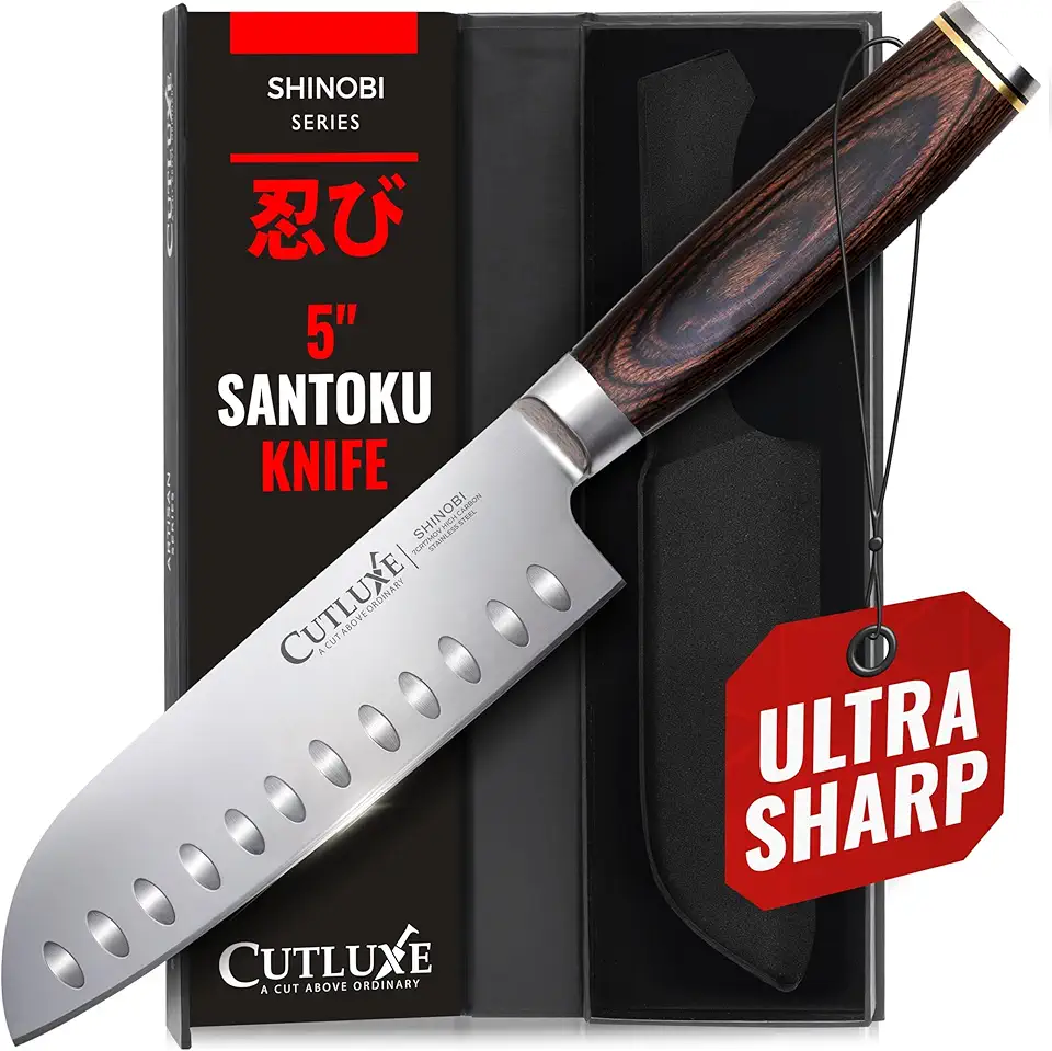 Faca Santoku – Faca japonesa ultra afiada de 12 cm para picar, lâmina de aço inoxidável de alto carbono, cabo Tang Pakkawood completo – Série Shinobi