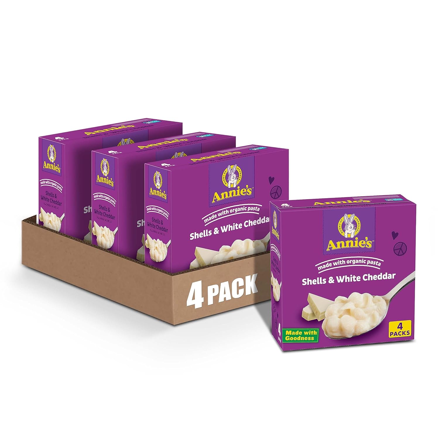 Annie’s White Cheddar Shells Macaroni & Cheese Dinner with Organic Pasta, 4 Ct, 6 OZ Boxes (Pack of 4)
