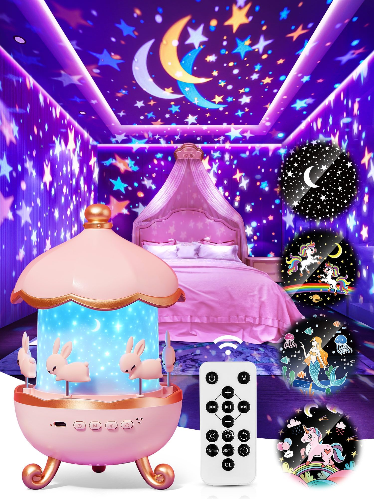 Carousel Night Light for Kids, 10 Music+15 Films+315 Colors Star Projector for Kids Night Light Projector,360°+Remote+1200mah Star Lights for Ceiling, Princess Toys Unicorn Toys for Girls Room Decor