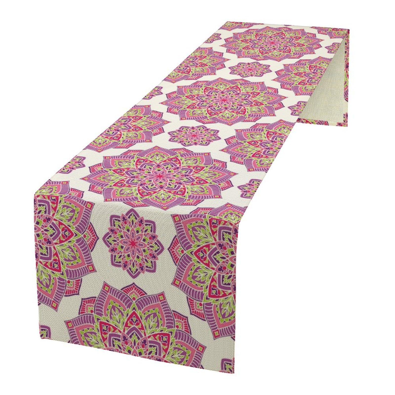 Mandalas Flower Table Runner Red Elegant Oriental Abstract Flowers Vintage Boho Dinner Runner for Farmhouse Home Kitchen Holiday Party Table Decor 13x60in