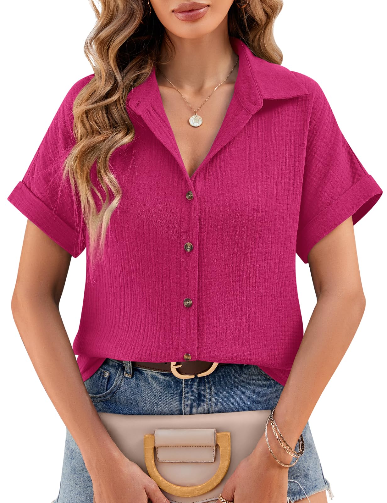 heekpek Musselin Bluse Damen Sommer Blusenshirt V-Ausschnitt Hemdbluse Elegante Oberteile 100% Baumwolle Kurzarm Blusen Tunika Shirt
