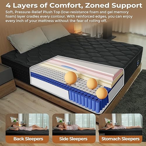 Miniatura 5 de Colchón híbrido tamaño King, colchón híbrido de 12 pulgadas en una caja, espuma viscoelástica y resortes ensacados para aislamiento de movimiento y