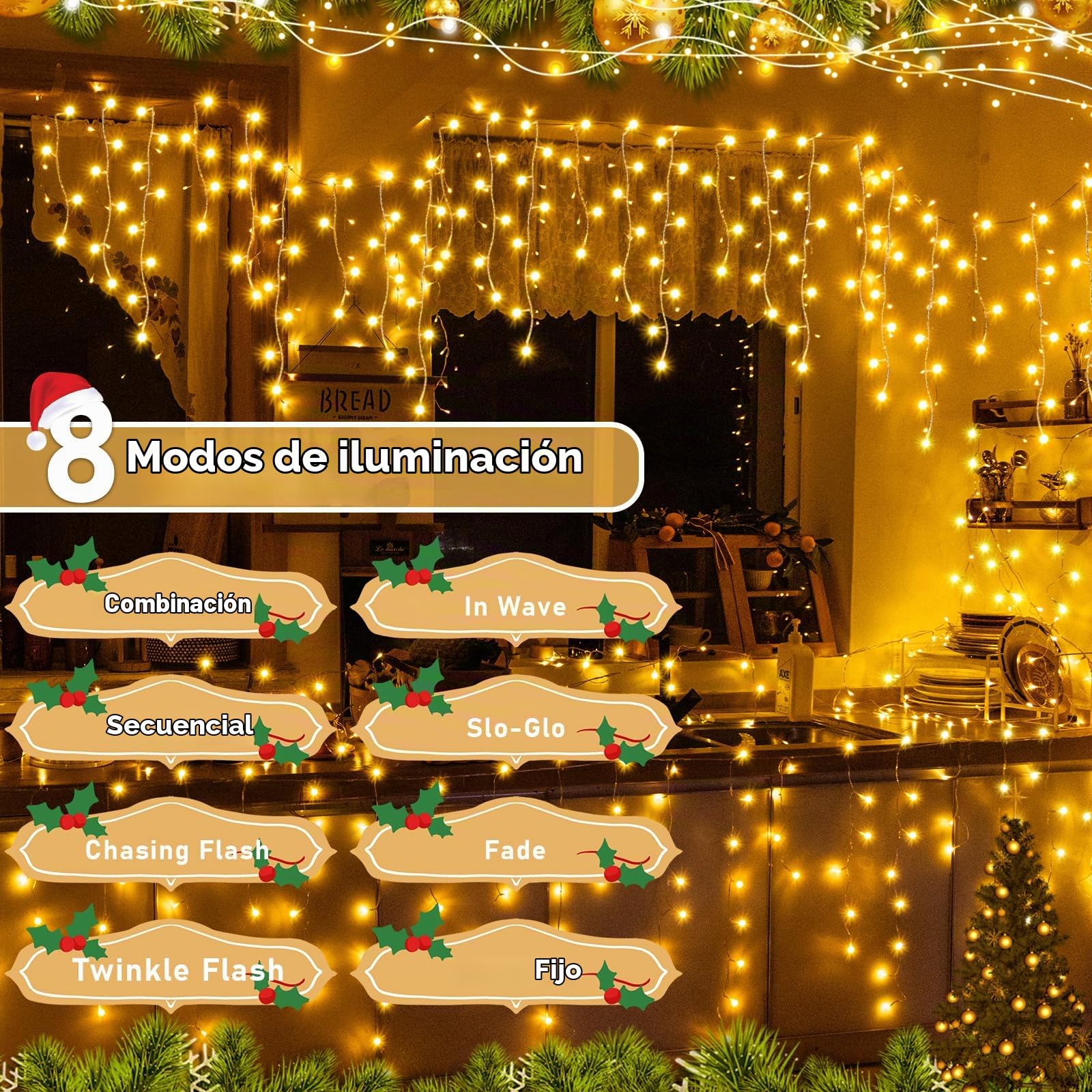 Auriostar Cortina Luces Navidad Exterior, 15M 594LED Cadena Luces Exterior, 8 Modos Guirnalda Luces para Exterior, Interio, Decoración Navidad, Casa, Balcon, Habitación, Jardín, Blanco Cálido