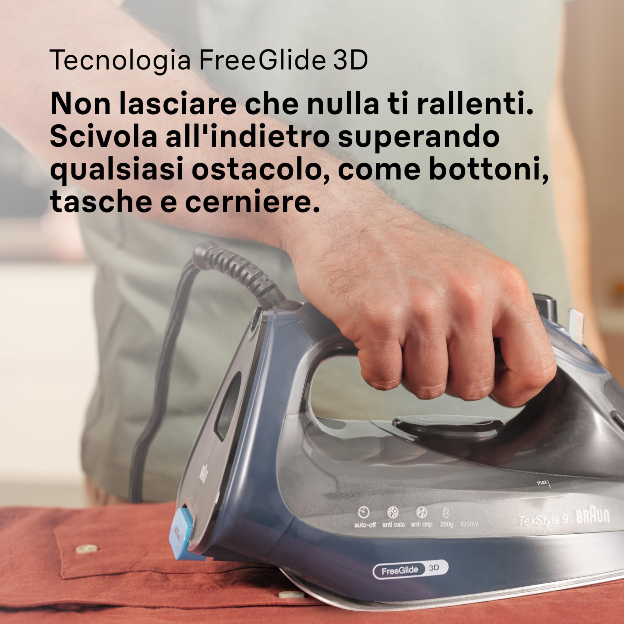 Braun TexStyle 9 SI9682DB Ferro da Stiro a vapore con 5 Anni di Assistenza, Colpo Vapore 260g/min, Modalità ECOMODE Risparmio Energetico, Piastra Freeglide 3D Eloxalplus, Serbatoio 330ml, Blu