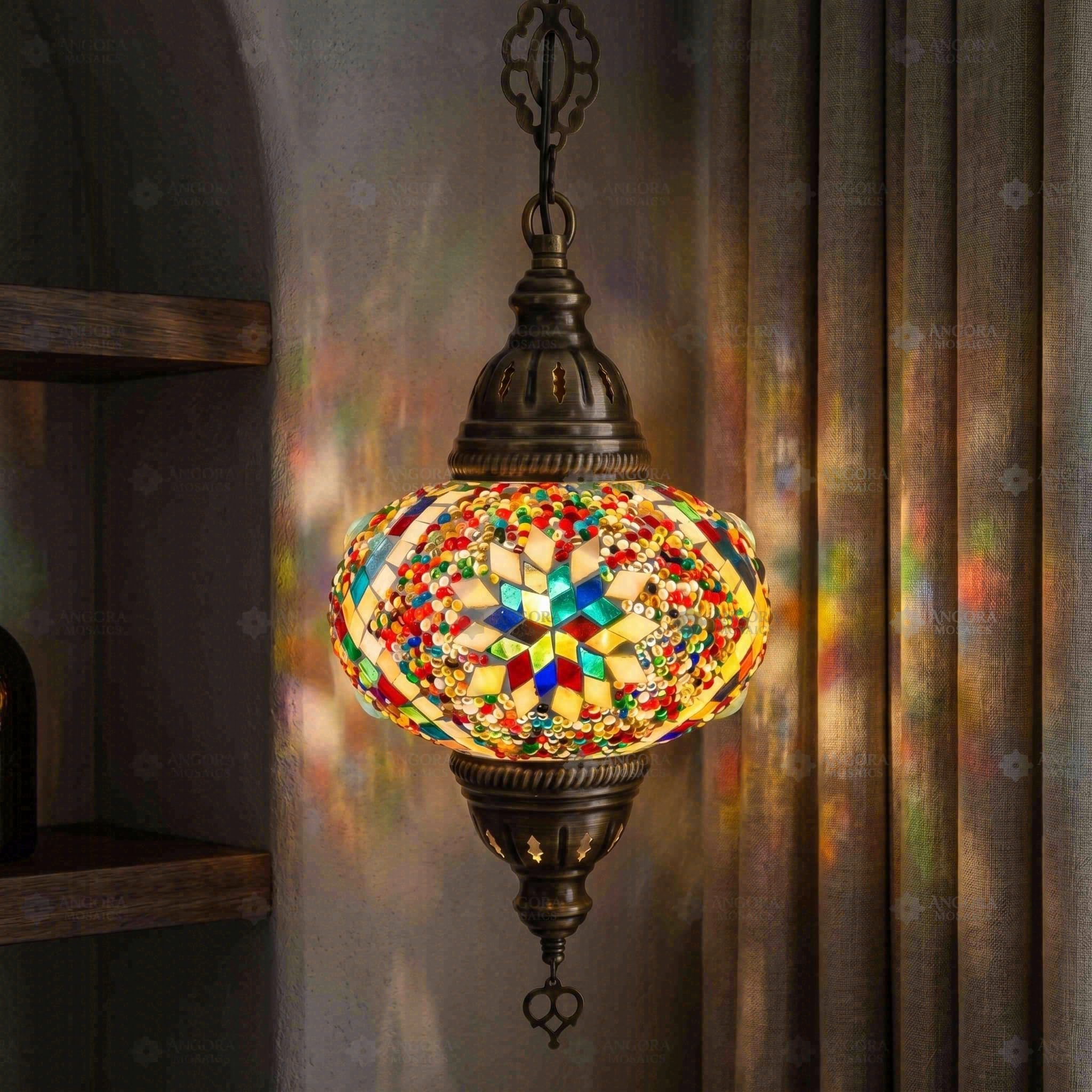 ENVA Multicolor Hanging Pendant - Turkish Mosaic Lamp - Starburst Pattern - Moroccan Ceiling Chandelier for Living Room, Bedroom