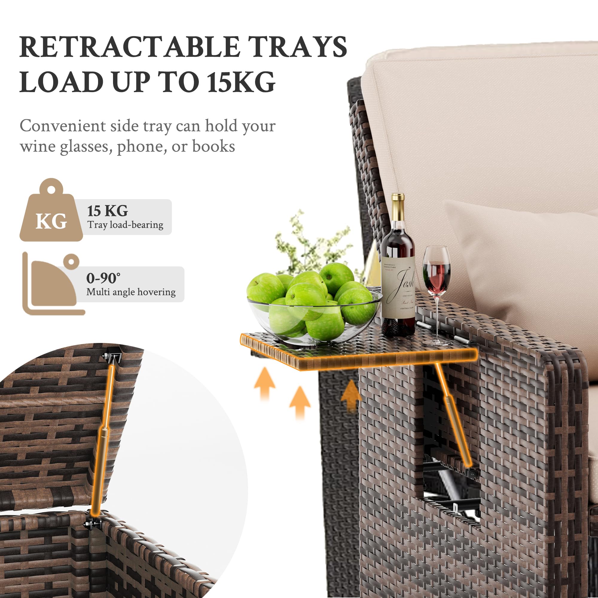 UDPATIO Sofá de Ratán 2 Plazas con Reposapiés con Almacenamiento, Muebles de Salón de Ratán para Exteriores con Respaldo Regulable y Cojines Gruesos, para Terraza y Jardín - Beige