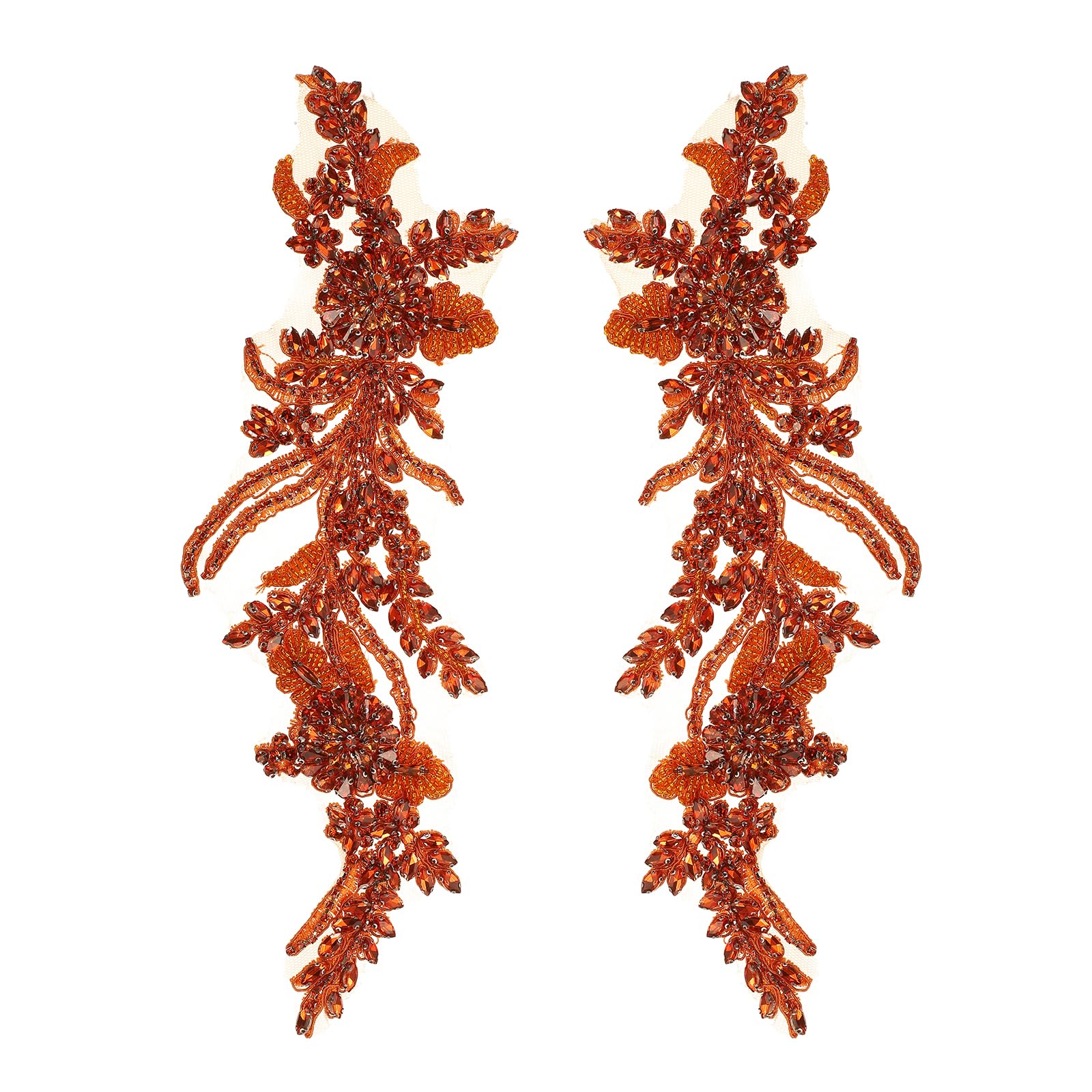 Rebower 2 Pcs Orange Rhinestone Applique, 13 x 4 Inch Crystal Fabric Patches Beaded Embroidery Lace Appliques Embellishments for Wedding Evening Clothes Dresses Sewing