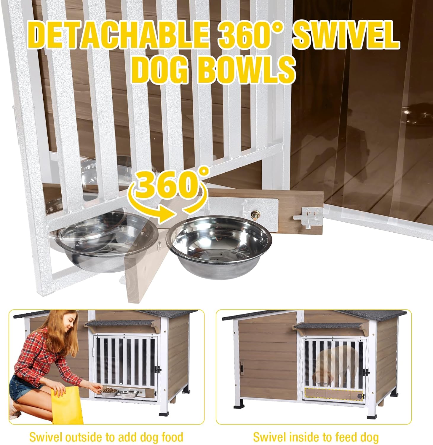 Chew-Resistant Dog House with Metal Frame, Wooden Kennel for Indoor & Outdoor Use, Waterproof Roof & Feeding Bowls Included (Brown, L-in)