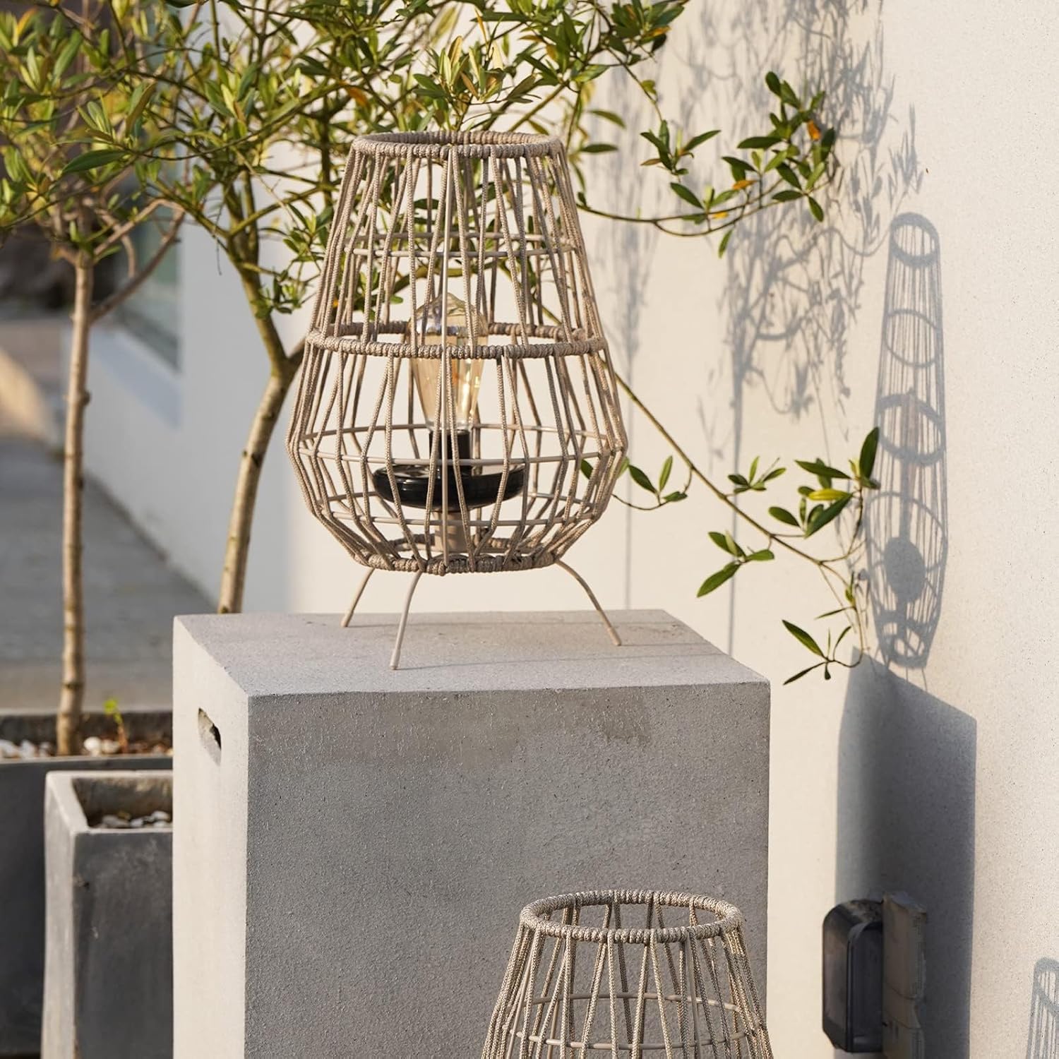 Solar Yard Decorative Solar Outdoor Tabletop Lights - 2 Pack, 15-inch Patio, Porch, and Garden Decor with LED Edison Bulbs in Water Resistant Resin & Polyester Cord Woven Design - Taupe Brown