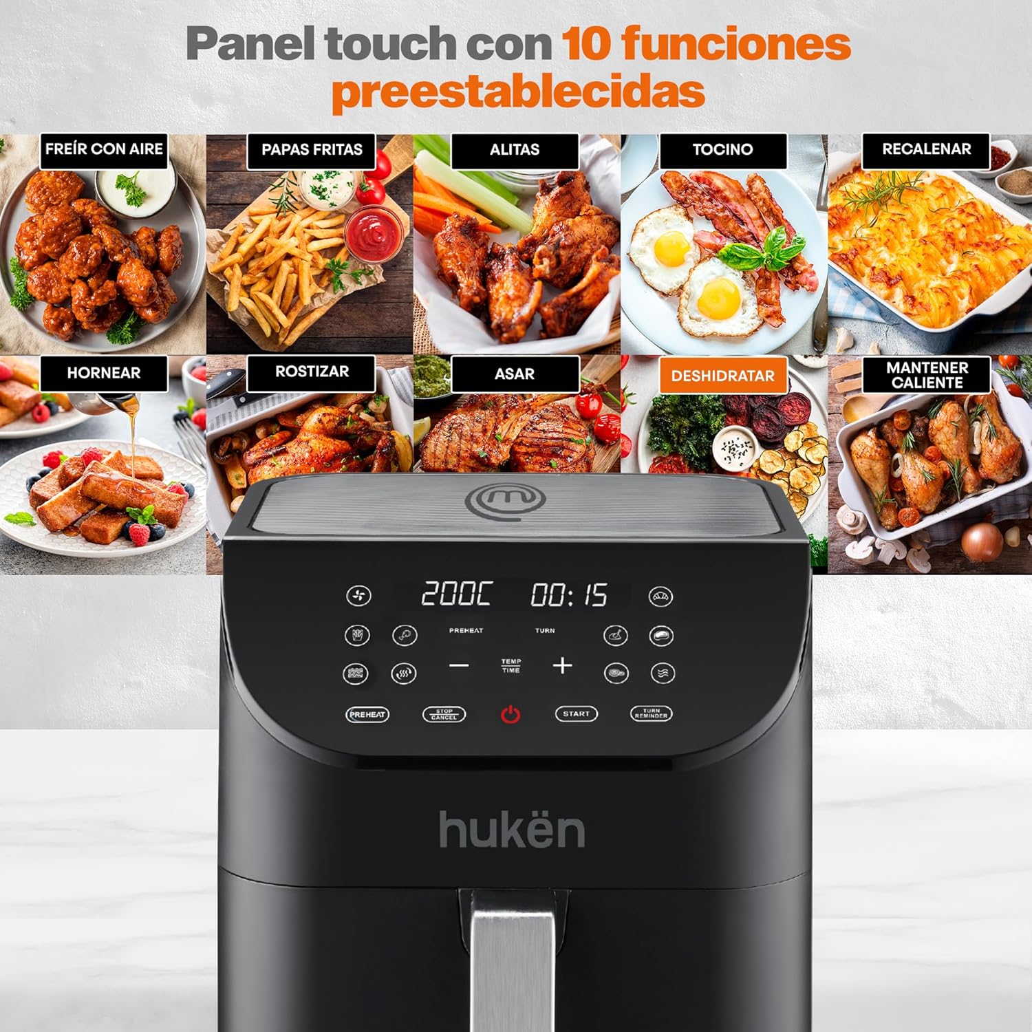Image showing the Hukën x MasterChef Light-Fry 6L Air Fryer's control panel with 10 preset function icons.