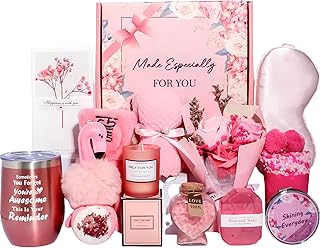Wellness Geschenkbox für Frauen, Rosa Spa Set mit Thermobecher, Duftkerze, Badebombe, Seife, Schlafmaske, Socken, Luxus Geschenkset für Freundin und Mama