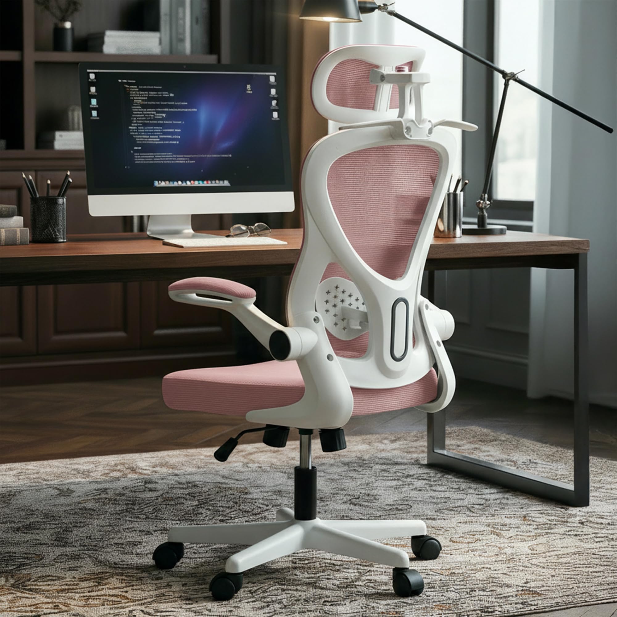 DROGO Ergonomic Office Chair for Work from Home with Breathable Mesh, Flip-up Armrest, Adjustable 3D Headrest & Lumbar Support | Computer Chair for Study | Gaming Chair with 130° Recline (White/Pink)