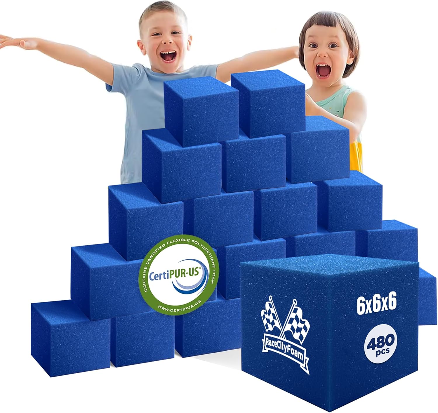 RaceCityFoam Foam Pit Cubes/Blocks 480 pcs (Blue) 6"x6"x6" Flame Retardant Pit Foam Blocks for Skateboard Parks, Gymnastics Companies, and Trampoline Arenas, CertiPUR-US Certified Foam, Made in USA
