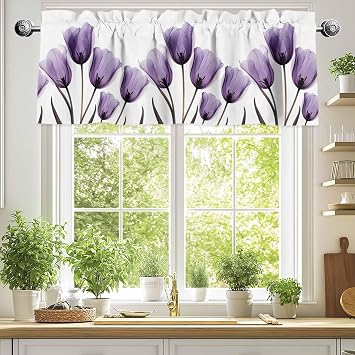 Spring Tulips Valance for Windows Purple Flowers Leaves Abstract Tulips Privacy Rod Pocket Window Treatment Valance Retro Decorative Short Curtain Valances for Kitchen/Living Room/Bedroom 54x18in