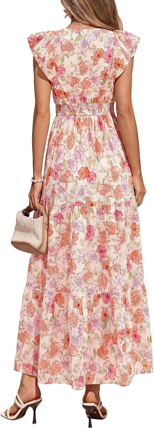 PRETTYGARDEN Women's Spring Summer Maxi Dresses 2026 Casual Wrap V Neck Floral Ruffle Sleeve Flowy Long Beach Boho Sun Dress - Image 5