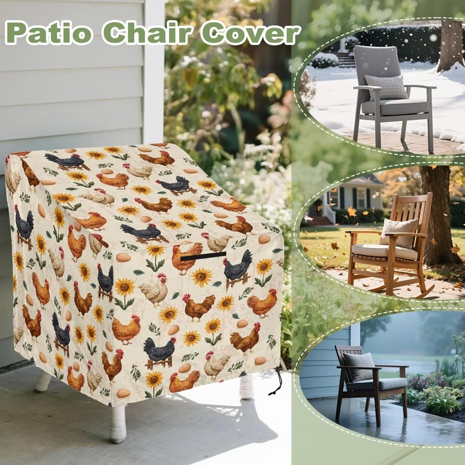 Sunflower Chicken Egg Print Patio Chair Cover Waterproof Dustproof Rocking Chair Slipcover Outdoor Patio Lounge Deep Seat Covers with Air Vent for Lawn Garden, 37"Wx37"Dx36"H