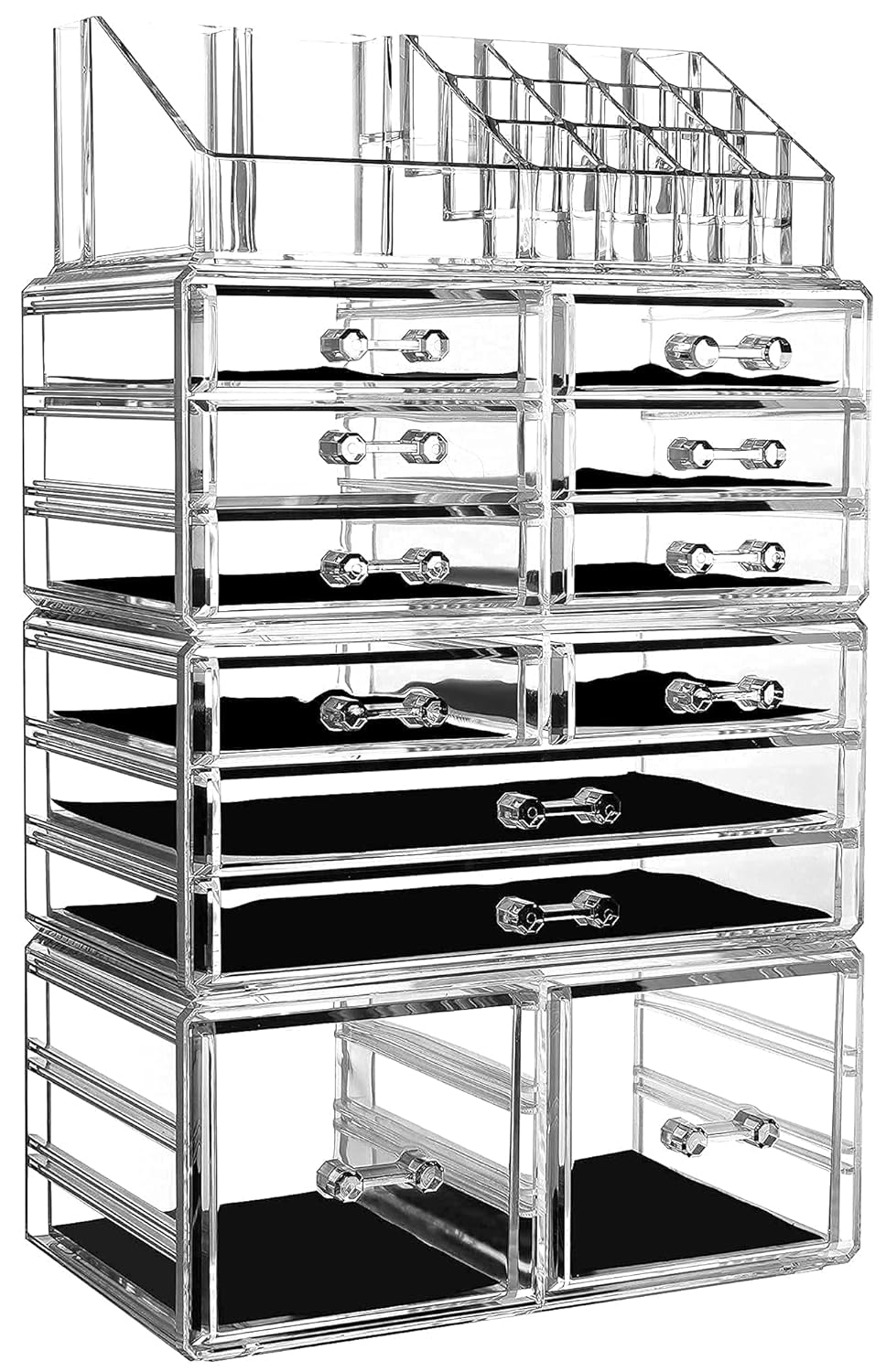 Cq acrylic 4 Pack Clear Makeup Organizer Countertop,Stackable 12 Drawers Skincare Organizer,Cute Skin Care Organizer for Vanity Hair Clip,Jewelry,Beauty Product Desk and Make Up Organizers for Vanity 12 Drawers Clear