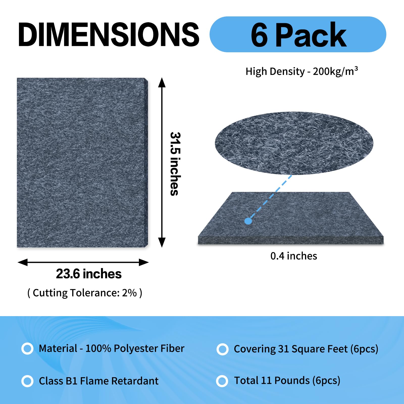 BXI Assorbitore acustico, 80 x 60 x 9,5 cm, confezione da 6 pannelli fonoassorbenti ad alta densità, pannelli fonoassorbenti riducono il riverbero dell'eco, pannelli acustici attaccabili per