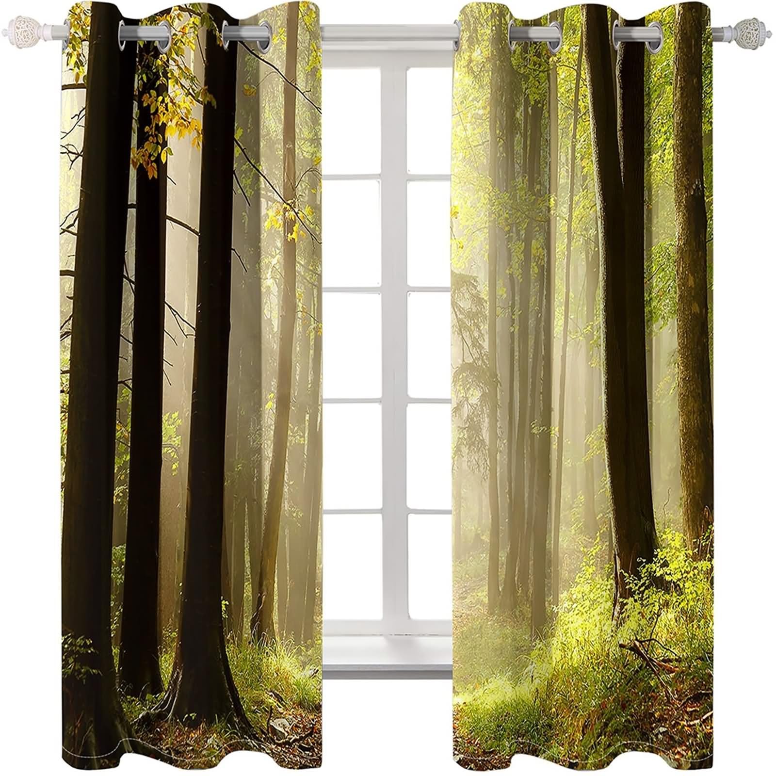 Bohema Zasłona okienna, Kuchnia Kurtyny Zielony Brązowy Las Poliester Zestaw 2 204x183cm