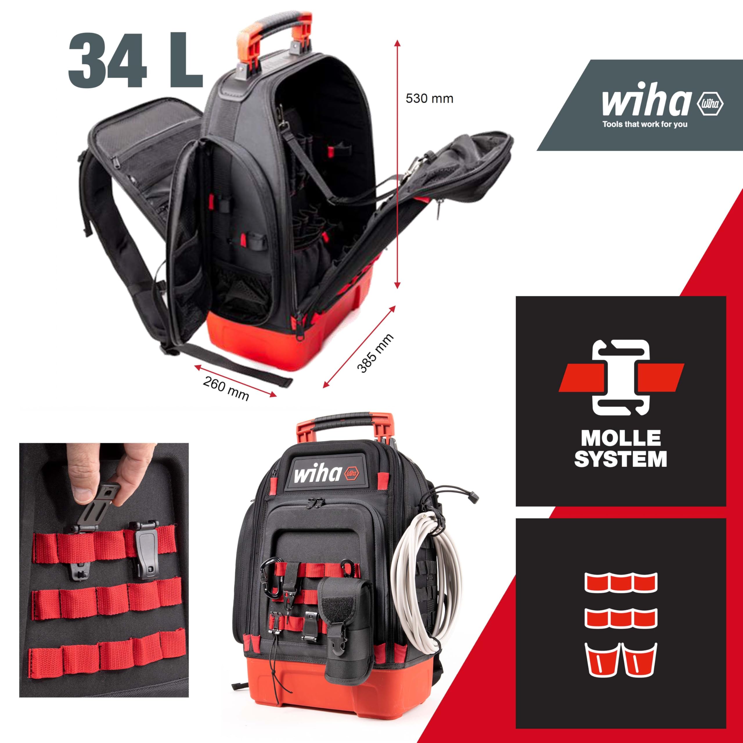 Wiha Elektriker Werkzeugrucksack 27-tlg. I mit Elektriker Grundausstattung I stabiler Standboden I mit Laptopfach I Taschen für Zubehör (45528) | (45528) Arbeitsrucksack I stabiler Standboden I mit Laptopfach I Taschen für Zubehör I Werkzeugtasche für Ele