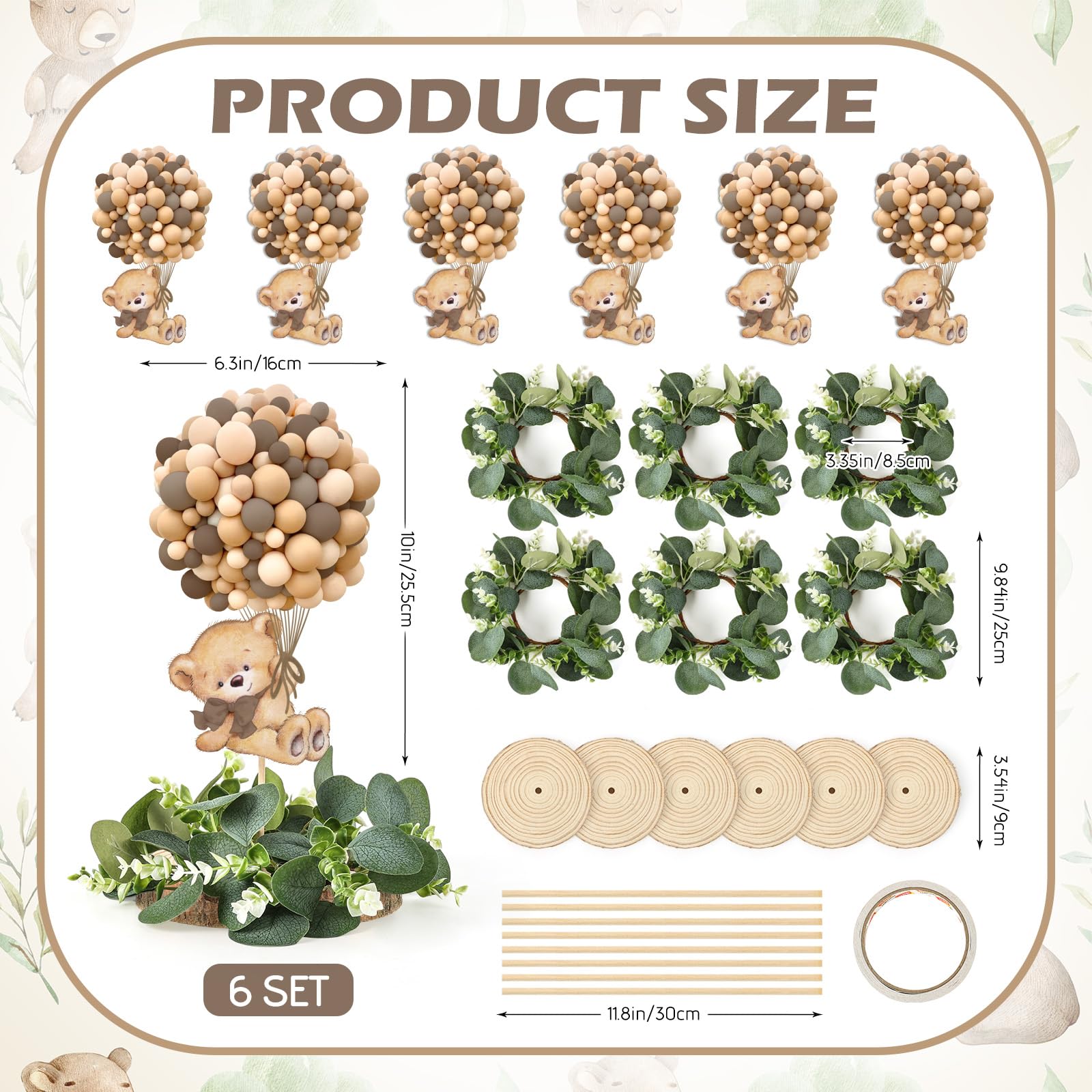 Set di 6 centrotavola per baby shower con orsetto marrone con ghirlanda di eucalipto fette di legno di benvenuto per baby topper per rivelare il genere per feste di ragazzo o ragazza