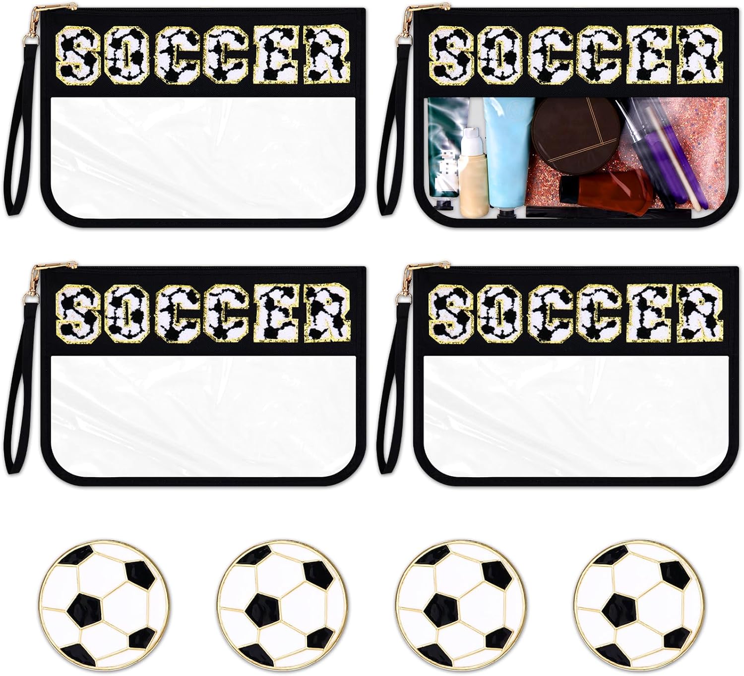 Shinylin 4 Pcs Soccer Bags Gifts Chenille Letter Makeup Bags with 4 Pins Preppy Clear Cosmetic Bag Waterproof Zipper Pouch for Girls Soccer Mom Player Lover Coach