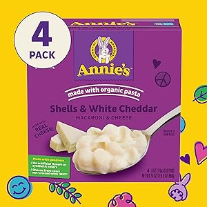Annie's Shells and White Cheddar Mac and Cheese with Organic Pasta, Dinner Side or Snacks, 4 Ct, 24 oz